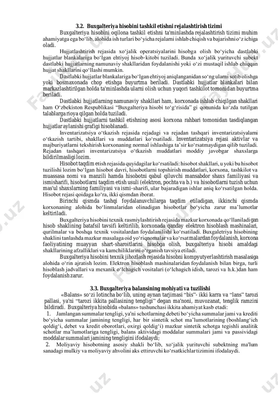 ozim (3.1 – rasm). 3.2. buxgalteriya hisobini tashkil etishni rejalashtirish tizimi buxgalteriya hisobini oqilona tashkil etishni ta'minlashda rejalashtirish tizimi muhim ahamiyatga ega bo‘lib, alohida ish turlari bo‘yicha rejalarni ishlab chiqish va bajarishni o‘z ichiga oladi. hujjatlashtirish rejasida xo‘jalik operatsiyalarini hisobga olish bo‘yicha dastlabki hujjatlar blankalariga bo‘lgan ehtiyoj hisob-kitobi tuziladi. bunda xo‘jalik yurituvchi subekt dastlabki hujjatlarning namunaviy shakllaridan foydalanishi yoki o‘zi mustaqil ishlab chiqqan hujjat shakllarini qo‘llashi mumkin. dastlabki hujjatlar blankalariga bo‘lgan ehtiyoj aniqlanganidan so‘ng ularni sotib olishga yoki bosmaxonada chop etishga buyurtma beriladi. dastlabki hujjatlar blankalari bilan markazlashtirilgan holda ta'minlashda ularni olish uchun yuqori tashkilot tomonidan buyurtma beriladi. dastlabki hujjatlarning namunaviy shakllari ham, korxonada ishlab chiqilgan shakllari ham o‘zbekiston respublikasi “buxgalteriya hisobi to‘g‘risida” gi qonunida ko‘zda tutilgan talablarga rioya qilgan holda tuziladi. dastlabki hujjatlarni tashkil etishning asosi korxona rahbari tomonidan tasdiqlangan hujjatlar aylanishi grafigi hisoblanadi. inventarizatsiya o‘tkazish rejasida rejadagi va rejadan tashqari inventarizatsiyalarni o‘tkazish tartibi, shakllari va muddatlari ko‘rsatiladi . …