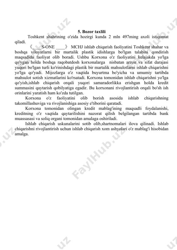 odmonov sultonbek hisoblanadi va boshqaradi. korxonada 6 kishi ish olib borishi ko'zda tutilgan. korxonaning shtat jadvali quyidagicha: жадвал – 8 (сўмда) № лавозими сони бир ойлик иш ҳақи бир ойда бир чоракда бир йилда 1, бошлиқ 1 1 700 000 1 700 000 5 100 000 20 400 000 2 ҳисобчи 1 1 000 000 1 000 000 3 000 000 12 000 000 3 иш юритувчи 1 900 000 900 000 2 700 000 10 800 000 3 ишчилар 3 700 000 2 100 000 6 300 000 25 200 000 жами : 6 5 700 000 17 100 000 68 400 000 9. moliyaviy reja so'ralayotgan kredit mablag'i 200 000 000 mln so'mni tashkil etadi. yalpi harajat oyiga 86 400 000 ming so'm. sof foyda 26 145 000 ming so'mni tashkil etadi. bundan ko'rinib turibdiki korxonaning 1 yillik sof foydasi 291 564 000ming so'mni tashkil qiladi. korxona kredit …