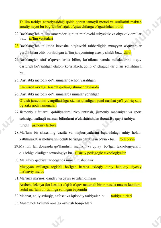 nd nasihat yo’l yo’riq xalq og’zaki ijodi namunalari 27. jismoniy sifatlarni, qobiliyatlarni rivojlantirish, jismoniy madaniyat va sport sohasiga taalluqli maxsus bilimlarni o‘zlashtirishdan iborat.bu qaysi tarbiya turidir jismoniy tarbiya 28. ma’lum bir shaxsning vazifa va majburiyatlarini bajarishdagi ruhiy holati, xattiharakatlar mohiyatini ochib berishga qaratilgan o‘yin - bu... rolli o’yin 29.ma’lum fan doirasida qo‘llanilishi mumkin va qulay bo‘lgan texnologiyalarni o‘z ichiga oladigan texnologiya bu xususiy pedagogic texnologiyalar 30. ma’naviy qadriyatlar deganda nimani tushunasiz muayyan millatga tegishli bo’lgan barcha axloqiy diniy huquqiy siyosiy ma’naviy meros 31. ma’ruza ma`nosi qanday va qaysi so`zdan olingan arabcha leksiya (lot lestio) o’qish o’quv materiali biror masala mavzu kabilarni izchil ma’lum bir tizimga solingan bayonidir 32. mehnat, aqliy,axloqiy, nafosat va iqtisodiy tarbiyalar bu... tarbiya turlari 33. muammoli ta’limni amalga oshirish bosqichlari muammoli vaziyat hosil qilish yechish taxminlarini shakllantirish yechimning to’g’riligini tekshirish 34. muammoli ta'limning uchinchi darajasi qanday aniqlanadi muommoli vaziyat tashkil etiladi va muammo o’rtaga tashlanadi 35. nazoratning …
