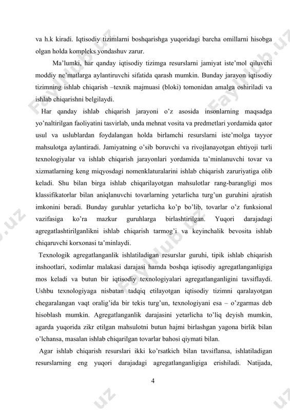 iqtisodiy tizimni qaralayotgan chegaralangan vaqt oralig’ida bir tekis turg’un, texnologiyani esa – o’zgarmas deb hisoblash mumkin. agregatlanganlik darajasini yetarlicha to’liq deyish mumkin, agarda yuqorida zikr etilgan mahsulotni butun hajmi birlashgan yagona birlik bilan o’lchansa, masalan ishlab chiqarilgan tovarlar bahosi qiymati bilan. agar ishlab chiqarish resurslari ikki ko’rsatkich bilan tavsiflansa, ishlatiladigan resurslarning eng yuqori darajadagi agregatlanganligiga erishiladi. natijada, umumlashgan, agregatlangan, iqtisodiy texnologiya haqiqiy ishlab chiqarish jarayonini tasvirlab, o’zining kirish koordinatalari sifatida ishlab chiqarish fondlari qiymati va xodimlar sonini qabul qiladi, chiqish koordinatalari bo’lib, ishlab chiqarilgan mahsulot bahosi hisoblanadi. ushbu ishlab chiqarish kompleksi, ayrim olingan korxona, tarmoq yoki butun bir milliy iqtisodiyotning kirish va chiqishlari o’rtasidagi miqdoriy aloqa tadqiq etilayotgan ishlab chiqarish jarayonining iqtisodiy-matematik modelini aniqlab, uni ishlab chiqarish funksiyalari deb ham abashed [4,7,12]. agar x1 deb asosiy ishlab chiqarish fondlari bahosini x2 -sanoat ishlab chiqarish personali sonini, y- tovar mahsulot bahosini belgilasak, ishlab chiqarish funksiyasini quyidagi ko’rinishida yozish mumkin: (1.1) shunday …