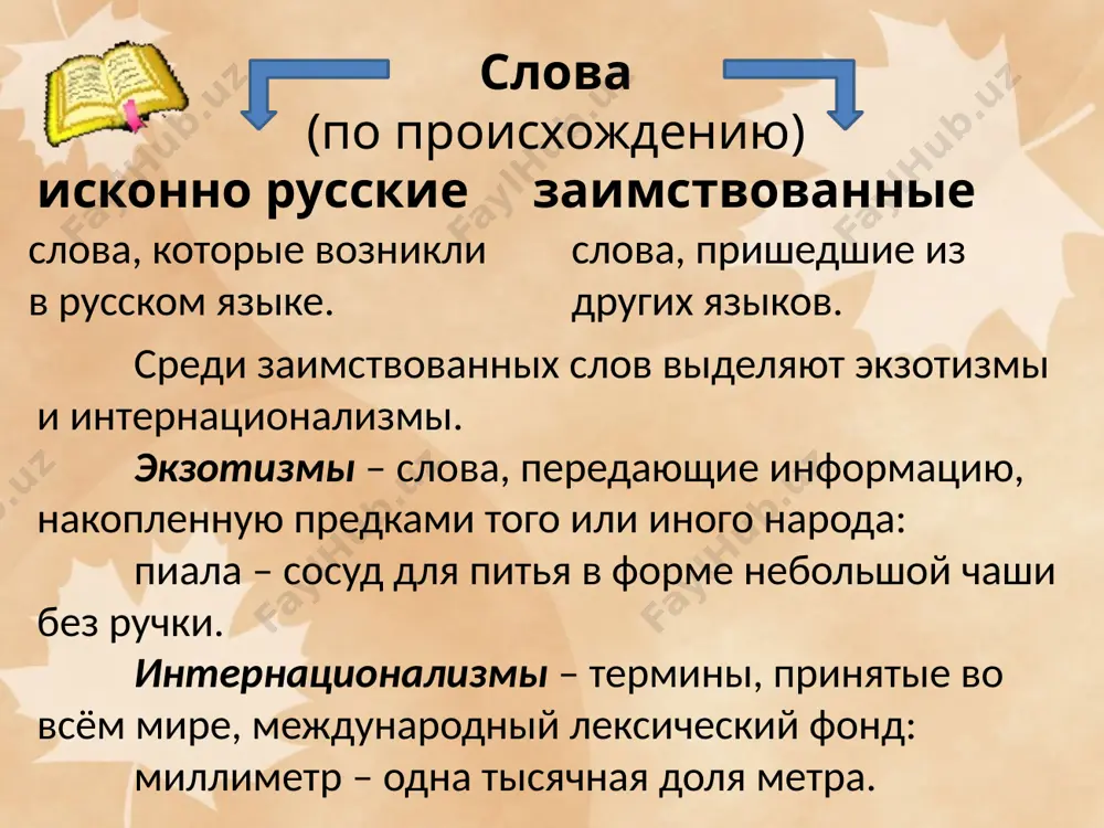 из других славянских языков – белорусского, украинского, польского, словацкого и др. приметы заимствованных слов фонетические: - начальное а: анкета, абзац, ария, атака, арба, ангел; - начальное э: эпоха, эра, этика, экзамен, эффект, этаж; - буква ф: фонарь, софа, фильм, форма, эфир, профиль; - сочетание двух и более гласных: поэт, ореол, театр; - созвучия ге, ке, хе: герой, кедр, схема; - не свойственная русскому языку последовательность гласных и согласных звуков: парашют, пюре, джип; - гармония гласных - закономерное употребление в одном слове гласных только одного ряда: [а], [у] или [е], [и]: атаман, карандаш,, сундук, каблук, мечеть, бисер. приметы заимствованных слов словообразовательные: - иноязычные приставки: интервал, дедукция, регресс, контрадмирал; - иноязычные суффиксы: деканат, студент, техникум, редактор, литература, популизм, социалист морфологические: неизменяемость (по падежам и числам): такси, кофе, пальто, беж, мини, макси. сравним! старославянские слова фонетические признаки неполногласие: врата, плен; начальные ра, ла: равный, ладья; сочетание жд, согласный щ: хождение, освещение; е в …