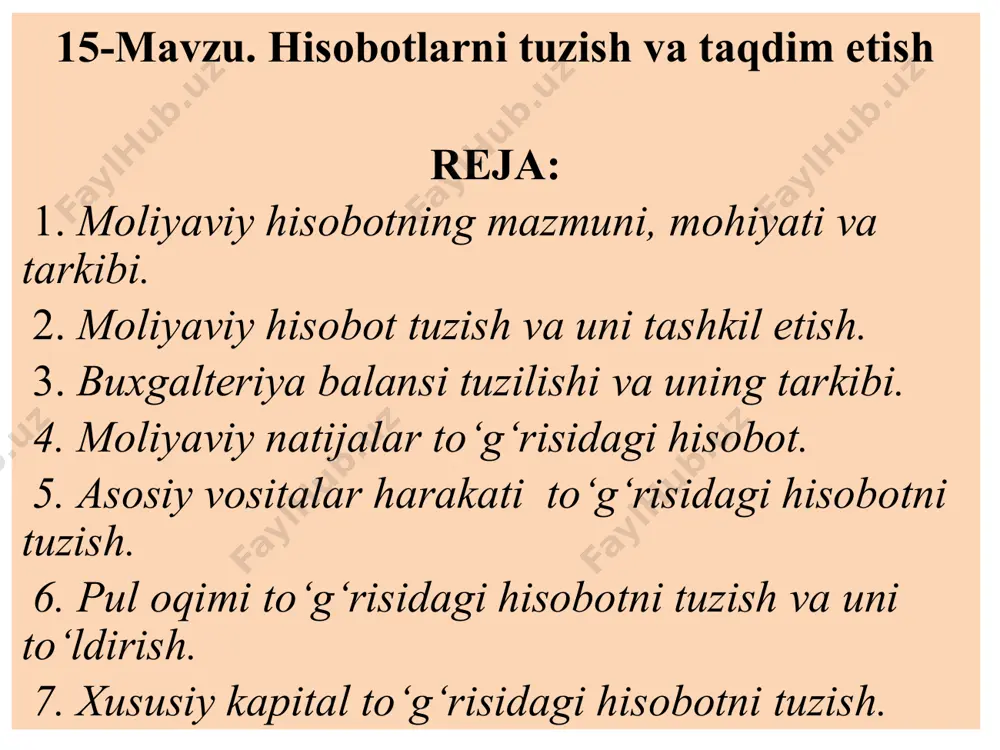 tasdiqlash to‘g`risida”gi 140-sonli buyrug‘i bilan tartibga solinadi. . «buxgalteriya hisobi to‘g‘risida»gi qonuniga muvofiq (zinama-zina usuli) barcha korxona va muassasalar uchun 1- yanvardan 31- dekabrgacha bo‘lgan davr hisobot yili hisoblanadi - yangi tashkil etilgan korxona va muassasalar uchun birinchi hisobot yili bo‘lib, ular yuridik huquqqa ega bo‘lgan sanadan shu yilning 31- dekabrigacha bo‘lgan davr hisoblanadi. 1- oktyabrdan keyin tashkil etilgan korxonalar uchun ularning yuridik huquqqa ega bo‘lgan sanadan keyingi yilning 31- dekabrigacha bo‘lgan davrni birinchi hisobot yili deb hisoblashga ruxsat beriladi; - korxonalar choraklik va yillik buxgalteriya hisobotlarini o‘zbekiston respublikasi moliya vazirligi tomonidan belgilangan muddatlarda topshiradilar. korxonalar majburiy tartibda chorak va yillik hisobotlarni topshiradi moliyaviy hisobot shakllari buxgalteriya balansi (1-shakl) asosiy vositalar harakati to‘g‘risida hisobot (3-shakl) tushuntirish xatlari moliyaviy natijalar to‘g‘risida hisobot (2-shakl) pul oqimlari to‘g‘risida hisobot (4-shakl); izoxlar (hisob-kitoblar) xususiy kapital to‘g‘risida hisobot (5-shakl) debitor va kreditor qarzlari to‘g‘risida ma’lumot (2-a-shakli) qonunga muvofiq yillik hisobotning quyidagi shakllarini tuzish nazarda tutilgan …