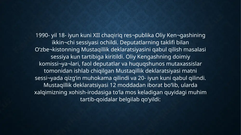 . o‘zbekiston ssr xalqaro huquqning asosiy prinsiplarini tan oladi, hurmat qiladi va hokazo. mustaqillik deklaratsiyasining qabul qilinishi mamlakatimizning tom ma’nodagi, haqiqiy mustaqillikka erishish yo‘lida muhim ahamiyatga ega bo‘ldi. shundan e’tiboran mamlakatimizning siyosiy, iqtisodiy va ma’naviy hayotiga doir masalalar mustaqil tarzda hal etila boshlandi. o‘zbekistonning mustaqillik sari inti¬layotgani uning yangi ittifoq shart¬nomasini ishlab chiqish jara-yoniga res¬¬pub¬lika manfaati nuqtayi nazaridan kelib chiqqan holda, qat’iylik bilan yondashayotganida yaqqol namoyon bo‘ldi. sobiq ittifoqqa kiruvchi respublikalar rasman teng va suve¬ren deb yuritilsa-da, amalda qaram edilar. ular o‘z yerlari, suvlari, o‘rmonlari va yerosti boyliklariga, ko‘pdan ko‘p kor¬xona¬lariga o‘zlari egalik qilolmas edilar. 80- yillarning oxirlari, 90- yillarning boshlarida ko‘pchilik respublikalar mavjud vaziyatni o‘zgartirish talablarini ilgari sura boshladilar. o‘zbekiston respublikasining rahbari i. a. karimov 1989- yil 20- sen¬tabrda moskvada bo‘lib o‘tgan kpss mq sining ple¬numida so‘zlagan nutqida res¬publikalar bilan ittifoq o‘rtasidagi vakolatlarni aniq-ravshan ajratib qo‘yishni ko‘zda tutadigan yangi shartnoma ishlab chiqish zarurligi to‘g‘risida o‘z fikrini bildirib: „ biz …