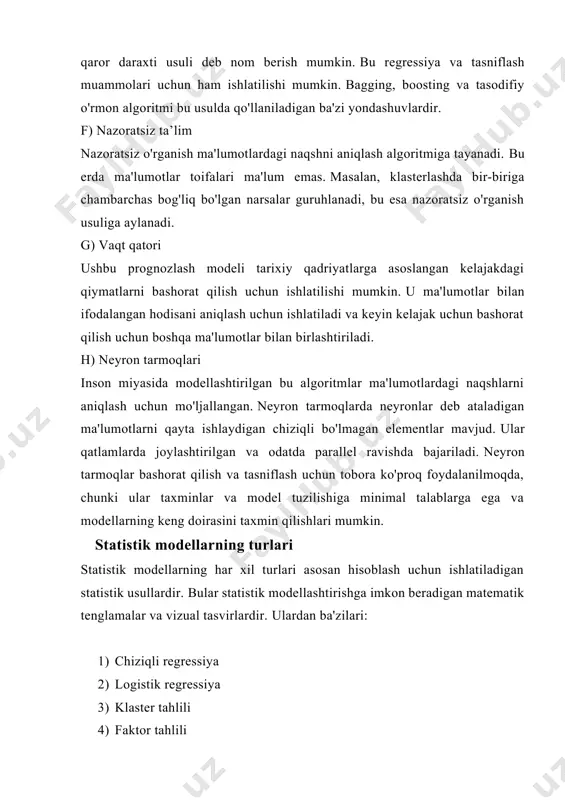 ina modellarini qurish va amalga oshirishda tizimlarni tadqiq qilish va loyihalash bosqichida tasodifiy sonlardan foydalanishga asoslangan statistik testlar usuli (monte-karlo usuli) keng qo'llaniladi. statistik test usuli - ehtimollik muammosini ehtimollik usulida yechish usuli. ko'pincha u birinchi taklif qilingan aqsh yadroviy muhandislik loyihasidan keyin monte-karlo usuli deb ataladi. bu erda vaqtning aniq ifodasi yo'q. usulning mohiyati shundan iboratki, jarayon kompyuterda formulalar va mantiqiy ifodalar orqali tasvirlanadi. keyin tasodifiy o'zgaruvchan omillar modelga kiritiladi va ularning jarayon ko'rsatkichlariga ta'siri baholanadi. baholash natijalari statik qayta ishlanadi. ushbu usulning g'oyasini egri chiziqli figuraning maydonini hisoblash misolida ko'rsatamiz (2-rasm). egri chiziqli figuraning maydonini hisoblash: a - analitik model; b - monte-karlo usuli an'anaviy yondashuv bilan y=ph(x) analitik bog'liqlik quriladi, unga ko'ra rasm maydoni hisoblanadi (2-rasm). ushbu to'rtburchakda ochkolar tasodifiy tarqalgan. keyin barcha nuqtalarning qancha qismi raqam ichiga tushganligi taxmin qilinadi. bu nisbat to'rtburchakning hisoblangan maydonidan rasm maydonining nisbatiga to'g'ri keladi. qanchalik ko'p ball bo'lsa, siz raqamning …