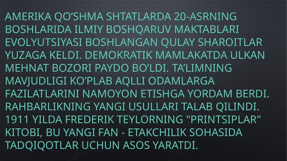 im muassasasi faoliyatini samarali tashkil etishga yo’naltirilgan faoliyatidir. bugungi kunda pedagogika faniga ta’lim muassasalarini boshqarish bo`yicha yangidan-yangi tushunchalar kirib kelyapti, ularning mohiyati avvalgilardan ham teranroqdir. masalan, «ta’sir etish» tushunchasining o`rniga «o`zaro harakat», «hamkorlik», «refleksiv boshqarish» kabi tushunchalar qo`llanilmoqda. e’tiboringiz uchun rahmat !!! 16 image1.jpeg image2.jpeg image3.png image4.jpeg image5.jpeg image6.jpeg image7.jpeg image8.png image9.png image10.png image11.png image12.png image13.jpeg image14.jpeg image15.png