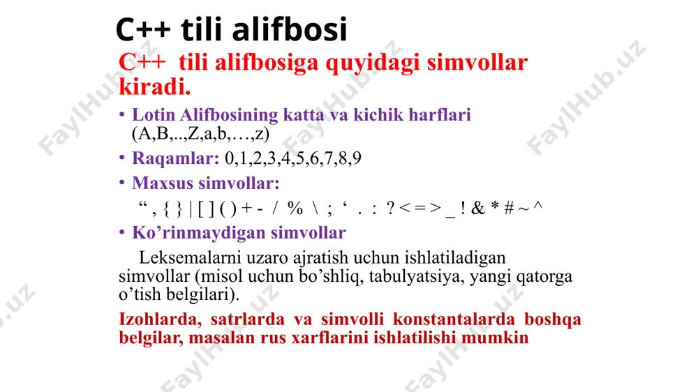 ypename, union, unsigned, virtual, void, volatile, while. o’zgaruvchilar o’zgaruvchi - xotiraning nomlangan qismi bolib, o'zida ma'lum bir toifadagi qiymatlarni saqlaydi. o'zgaruvchining nomi va qiymati bo'ladi. o'zgaruvchining nomi orqali qiymat saqlanayotgan xotira qismiga murojaat qilinadi. programma ishlashi jarayonida o'zgaruvchining qiymatini o'zgartirish mumkin. har qanday o'zgaruvchini ishlatishdan oldin, uni e'lon qilish lozim. quyida butun sonlardan foydalanish uchun b, haqiqiy sonlardan foydalanish uchun h o'zgaruvchisi e'lon qilingan: int b; float h; o’zgaruvchilarni dasturning ihtiyoriy qismida ta’riflash yoki qayta ta’riflash mumkin. o’zgaruvchilar ta’riflanganda ularning qiymatlari aniqlanmagan bo’ladi. lekin o’zgaruvchilarni ta’riflashda initsializatsiya ya’ni boshlang’ich qiyjmatlarini ko’rsatish mumkin. misol uchun: int i=0; char c=’k’; o’zgaruvchilar tiplari. char – bitta simvol; long char – uzun simvol; int – butun son; short yoki short int – qisqa butun son; long yoki long int – uzun butun son; float - haqiqiy son; long float yoki double – ikkilangan haqiqiy son; long double – uzun ikkilangan haqiqiy son; konstanta (o’zgarmaslar) …