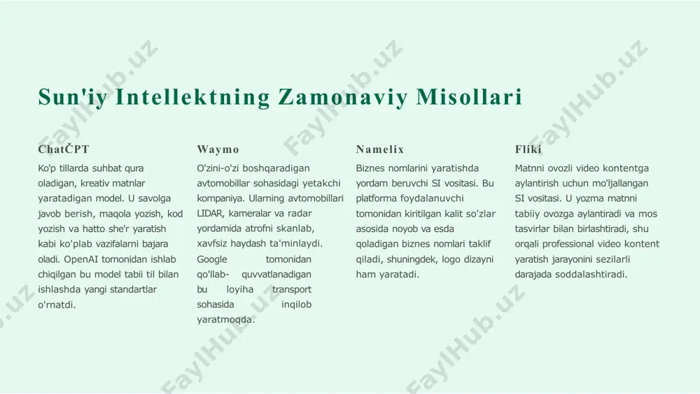 kelib chiqadigan xavflar ish o'rinlari: avtomatlashtirish natijasida ishsizlik muammosi qaror qabul qilish: muhim qarorlarni kim qabul qilishi kerak - inson yoki mashina? "si texnologiyalarini ongli va mas'uliyatli rivojlantirish zarurati. biz kuchliroq vositalar yaratayotgan ekanmiz, ulardan foydalanishda ham mas'uliyat ortadi." xulosa: sun'iy intellekt 4 kelajakning kaliti d imkoniyatlar dunyo sun'iy intellekt inson hayotini osonlashtiruvchi, yangi imkoniyatlar ochuvchi kuchli vosita. u bizga yangi kashfiyotlar qilish, muammolarni tezroq hal qilish va hayot sifatini oshirish imkonini beradi. to'g'ri yo'nalish uni to'g'ri tushunish va foydalanish 4 jamiyat taraqqiyotining muhim omili. si dan oqilona foydalanish orqali biz yanada adolatli va farovon jamiyat qura olamiz. faol ishtirok bugun o'rganib, ertangi kunda uni yaratishda faol ishtirok etaylik! har birimiz ushbu texnologik inqilobning bir qismi bo'lishimiz va uni ijobiy yo'nalishda rivojlantirishimiz kerak. sun'iy intellekt 4 insoniyat kelajagining yorqin numunasi! sun'iy intellekt 4 bu nafaqat texnologiya, balki insoniyatning eng katta yutuqlaridan biri. u bizga cheksiz imkoniyatlar olib keladi va hayotimizni …