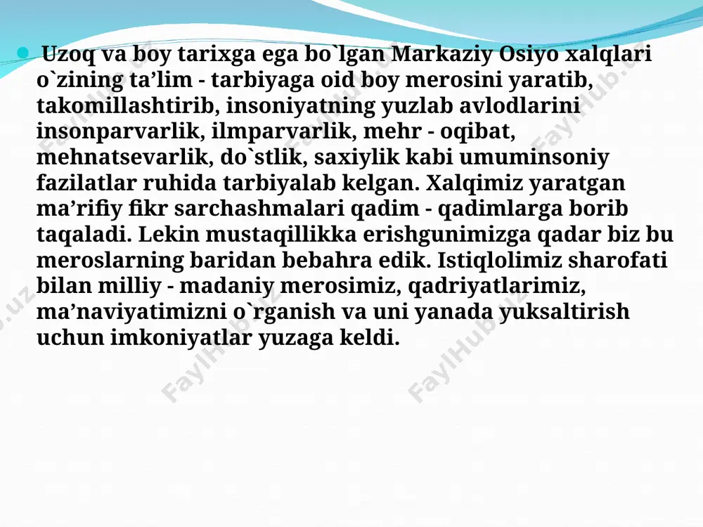umumiy va pedagogik madaniyatni shakllantirish; 2) pedagogik fikrlar rivojini tahlil etish va tizimlashtirish; 3)pedagogik g’oyalarni tahlil etish asosida ularni o’quv-tarbiya jarayoniga tatbiq etish. xalq ijodi materiallari buyuk adib va allomalarning ijodiy merosi arxeologik qazilmalar natijasida topilgan ashyolar eng qadimgi madaniy boyliklarni o`rganishda pedagogika tarixi uch asosiy manbaga tayanadi: atoqli mutafakirlarimizning ta’lim - tarbiya sohasida qoldirgan muhim fikrlarini o`rganish, pedagogik tafakkurning o`sishiga, pedagogik madaniyatning ortishiga imkon beradi. pedagogika tarixi jamiyat taraqqiyoti qonunlariga suyangan holda turli pedagogik nazariyalarni, ta’lim - tarbiya mazmuni va metodlarini o`rgatadi. o`tmishning pedagogik tizimlarida bo`lgan ilg`or fikrlardan ijodiy foydalanadi. kishilik jamiyati paydo bo`lishi bilan odamlarda mehnat faoliyati jarayonida ishlab chiqarish tajribalari, mehnat qilish malakalari va mehnat qurollarini ishlatish ko`nikmalari hosil bo`ldi. bu qurollarni takomillashtirish natijasida nutq va tafakkur o`sib, kamol topa bordi. keksa avlod mehnat qilish jarayonida orttirgan tajribasi asosida yosh avlodni ham mehnat qilishga o`rgatdi, uni mehnat jarayonida tarbiyaladi. tarbiyaning ijtimoiy vazifasi kishilarni bilim, malaka, ko`nikmalarda aks …