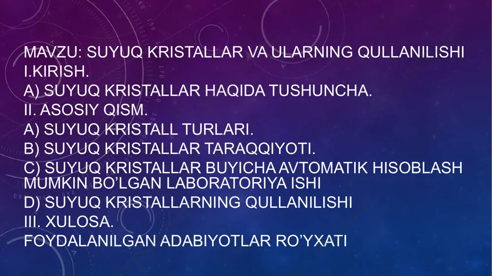 va tan olindi.oxirgi yillarda suyuq kristallarni o’rganishga bo’lgan qiziqish ortganligi sabab izlanuvchilar suyuq kristallarni o’rganish rivojiga hamda qisman suyuq kristallar optikasi rivojiga katta hissa qo’shdi. i.g.chistyakov, a. r. kapustin, s.a brazovskiy, s.a. piken, y.m. bhinov va boshqa olimlarning ishlari bu sohada mashhur va suyuq kristallarning samarali texnik vositalarini kasf qilishgahlar.suyuq kristallarning mavjudligini 1888 yil abstryalik botanik fridrix reynitser suyuq kristallarning xolesterik turini kashf qilgan. u yangi sentezlangan xolesterikbenzoat moddasini kuzatib, 145 0 c temperaturada bu moddaning kristali erib, suyuqliklarning xira yorug’lik hosil qilishin aniqladi. issiqlik miqdori 179 0 cga borganda suyuqlik yorqinlashadi, ya’ni o’zini optik munosabatda ko’rsata boshladi, xuddi oddiy suyuqlik kabi, masalan suvdek, xolesterilbenzoatning kutilmagan xossalari aniqlashtirgan xira fazada polyarizatsion mikraskop ostida bu fazani kuzatish juda qiziqrli edi. reynitser aniqladiki, u ikkiyoqlama sinadi. bu yorug’lik sinishini ko’rsatkichi, ya’ni yorug’lik tezligi bu fazada faza bog’lik ekan.suyuq kristallar buyicha respublikamizda ham juda ko’p ilmiy ishlar qilingan, masalan samarqand davlat universiteti “fizika …