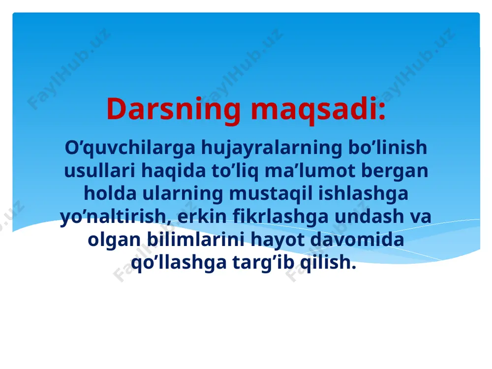 keyingi davr g2 bilan belgilanadi. bu davrda hujayra mitozga tayyorgarligi yakunlanadi. interfazadan song mitoz boshlanadi. xromosoma va dnk miqdori 2n4c mitoz bosqichlari profaza profaza- yadro kattalashadi, yadro shirasining yopishqoqligi kamayadi. xromosomalar speralga o’ralib kalta va yo’g’on xolatga keladi. xromosomalar mikroskopda aniq ko’rinadi. yadro qobig’i va yadrocha yo’qoladi, xromosomalar sitoplazmada erkin joylashadi. ikkita sentriola hujayra qutblari tomon tarqala boshlaydi. bo’linish urchug’i hosil bo’lishi boshlanadi. metofaza xromosomalarning sperallashishi davom etadi. bu davrda xromosomalar eng kalta va yo’g’onlashgan holatga o’tadi. xromosomalar ekvator tekisligiga tomon harakatlana boshlaydi. xromosomalar qutblardan bir hil masofada, ya’ni ekvator tekisligida bir xil joylashadi. bo’linish urchug’i to’liq shakllanadi. har bir xromosoma o’z sentromerasi bilan bittadan bo’linish urchug’iga birikadi. xromosoma va dnk miqdori 2n4c anafaza bu bosqichda xromosoma xromotidlarini birlashtirib turuvchi belbog’ uziladi, natijada xromotidalar mustaqil xromosomaga aylanadi. sentromeraga birikkan bo’linish urchug’i qisqarishi natijasida xromosomalarni qutblarga tomon torta boshlaydi. xromosoma va dnk miqdori 4n4c telofaza bu bosqichda mitoz jarayoni yakunlanadi. bu …