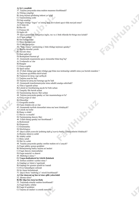 har ikki til 23. tarjima dasturlarining asosiy kamchiligi nimada? a) ko‘p ma’lumotni qayta ishlay olmaydi 24. tarjima sifatining asosiy omili nimaga bog‘liq? b) asliyatni yaxshi tushunishga 25. o’zbek xalqi so’zlashuv odobiga ko’ra, qanday gapirish odobsizlik sanaladi? c) mavzuni o’zgartirish 26.tarjimaning leksik muammolarini hal etishda qanday manbalarni muhim hisoblaymiz? b) ikki tilli lug’atlar 27. tarjima jarayonida tarjimon nima asosida ko’p ma’noli so’zning qaysi ma’nosi qo’llanilganligini aniqlaydi? b) kontekst 28. tarjimada qaysi turdagi so’z birikmalarini qo’llashdan qochish kerak? a) adabiy 29. leksik transformatsiyalar tarjima nazariyasida qanday ataladi? b) so’zlarni kontekstda almashtirish 30. birinchi turdagi transformatsiyalar qachon qo’llaniladi? b) keng ma’noli so’zlarni tarjima qilishda 31. “to get” fe’lini tarjima qilish uchun nima zarur? b) kontekst 32. “to be” fe’lining asosiy ma’nosi qaysi o’zbek fe’liga to’g’ri keladi? a) bo’lmoq 33. “he is in hollywood” va “he is in cambridge” jumlalari qanday jihatdan farqlanadi? b) fe’lning ma’nosi 34. tarjimon qaysi til tizimlaridan foydalanadi? b) ikki …