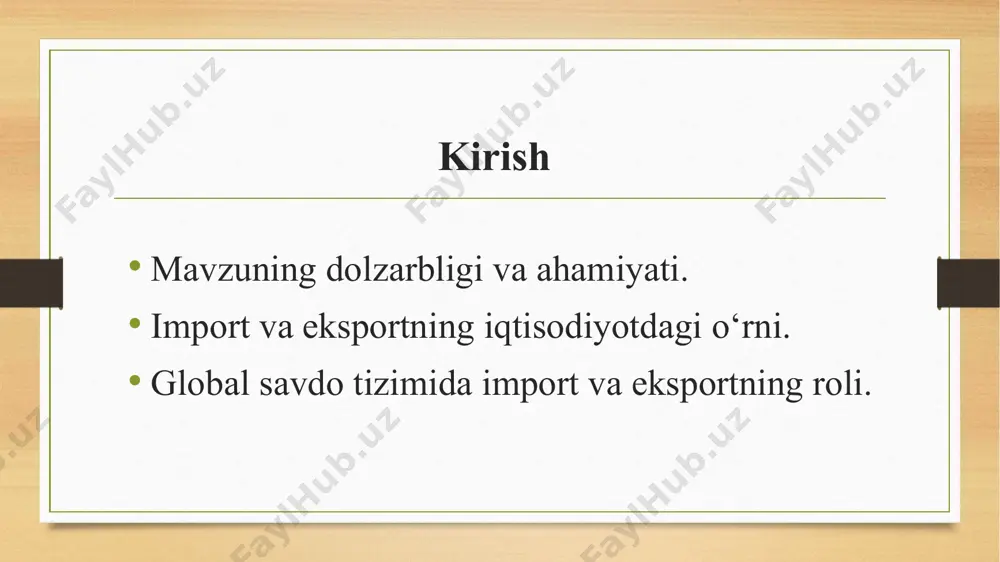 t: mahsulotni to‘g‘ridan-to‘g‘ri chet el mijozlariga sotish. bilvosita eksport: mahsulotni vositachilar orqali sotish. import va eksportning misollari import misoli: o‘zbekistonning chet eldan mashina, dori-darmon, elektronika va boshqa mahsulotlarni sotib olishi. eksport misoli: o‘zbekistonning paxta, to‘qimachilik mahsulotlari, meva-sabzavot va mineral xom ashyolarini chet elga sotishi. import va eksport operatsiyalarining tartibi import operatsiyalari bosqichlari: kontrakt tuzish va shartlarni kelishish. to‘lov shakllari (akkreditiv, inkasso, avans to‘lov). transport logistikasi va yuk tashish. bojxona rasmiylashtirish. import operatsiyalari bosqichlari: kontrakt tuzish va shartlarni kelishish. to‘lov shakllari (akkreditiv, inkasso, avans to‘lov). transport logistikasi va yuk tashish. bojxona rasmiylashtirish. import va eksportning moliyaviy jihatlari valyuta operatsiyalari va kurslar. to‘lov tizimlari va ularning xususiyatlari. eksport va importning soliq jihatlari. tarif va tarifdan tashqari cheklovlar. import va eksportning huquqiy jihatlari xalqaro savdo shartnomalari. bojxona qonunchiligi va qoidalari. intellektual mulk huquqlari va ularning himoyasi. import va eksportda yuzaga keladigan nizolar va ularni hal qilish usullari. import va eksportni rivojlantirish strategiyalari davlatning …