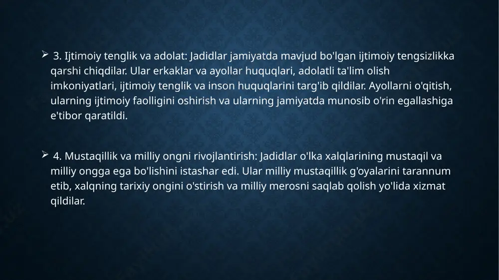 r turli millat va elat vakillarini birdamlikka chaqirar , ularni bir xalq sifatida shakllanishga undashardi . bu yo'lda jadidlar milliy til , madaniyat va urf-odatlarni rivojlantirishga katta e'tibor qaratdilar . mashhur jadidlar va ularning faoliyati abdulla avloniy (1878-1934) o'zbekistonning taniqli jadid ziyolisi , pedagog , yozuvchi , jurnalist va teatr arbobi bo'lgan . u milliy ma'rifat va madaniyatni yuksaltirishda katta rol o'ynagan , xalqni savodli qilish , yangicha ta'lim olish va milliy ruhni shakllantirish yo'lida fidoyilik ko'rsatgan . uning faoliyati va asarlari millatni ma'rifatga chorlab , ijtimoiy va madaniy o'zgarishlar qilishga yo'naltirilgan . avloniy faoliyatining asosiy yo'nalishlari va asarlari 1. turkistonda birinchi jadid maktablaridan birini ochgan va yangi usuldagi ta'lim tizimini rivojlantirish uchun ko'p mehnat qilgan . u o'zining pedagogik asarlari va qoʻllanmalarini yaratib , dars jarayonida samaradorlikka erishishga harakat qilgan . " maktabga kirish ", " adabiyot yoxud milliy darslar " kabi asarlari bu sohadagi muhim ishlaridan hisoblanadi . …