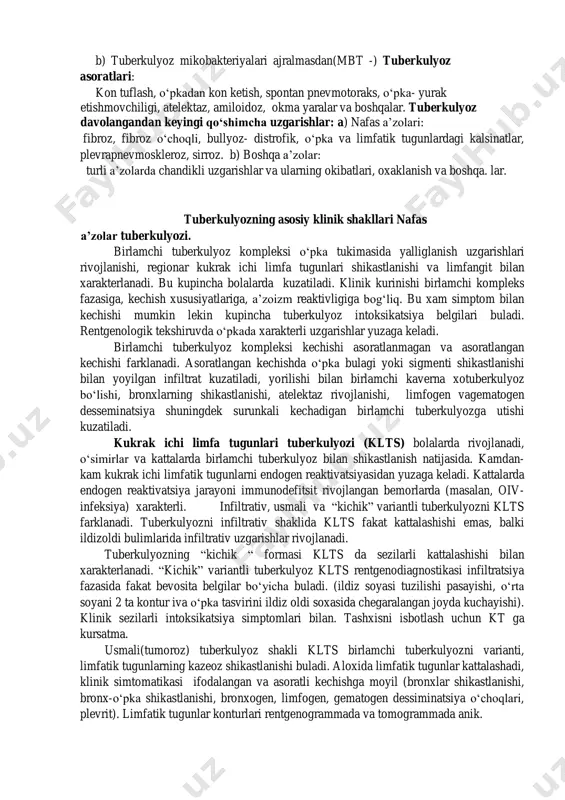 an kechishda o‘pka bulagi yoki sigmenti shikastlanishi bilan yoyilgan infiltrat kuzatiladi, yorilishi bilan birlamchi kaverna xotuberkulyoz bo‘lishi, bronxlarning shikastlanishi, atelektaz rivojlanishi, limfogen vagematogen desseminatsiya shuningdek surunkali kechadigan birlamchi tuberkulyozga utishi kuzatiladi. kukrak ichi limfa tugunlari tuberkulyozi (klts) bolalarda rivojlanadi, o‘simirlar va kattalarda birlamchi tuberkulyoz bilan shikastlanish natijasida. kamdan- kam kukrak ichi limfatik tugunlarni endogen reaktivatsiyasidan yuzaga keladi. kattalarda endogen reaktivatsiya jarayoni immunodefitsit rivojlangan bemorlarda (masalan, oiv- infeksiya) xarakterli. infiltrativ, usmali va “kichik” variantli tuberkulyozni klts farklanadi. tuberkulyozni infiltrativ shaklida klts fakat kattalashishi emas, balki ildizoldi bulimlarida infiltrativ uzgarishlar rivojlanadi. tuberkulyozning “kichik “ formasi klts da sezilarli kattalashishi bilan xarakterlanadi. “kichik” variantli tuberkulyoz klts rentgenodiagnostikasi infiltratsiya fazasida fakat bevosita belgilar bo‘yicha buladi. (ildiz soyasi tuzilishi pasayishi, o‘rta soyani 2 ta kontur iva o‘pka tasvirini ildiz oldi soxasida chegaralangan joyda kuchayishi). klinik sezilarli intoksikatsiya simptomlari bilan. tashxisni isbotlash uchun kt ga kursatma. usmali(tumoroz) tuberkulyoz shakli klts birlamchi tuberkulyozni varianti, limfatik tugunlarning kazeoz …