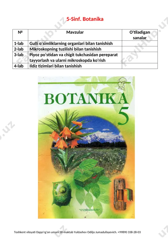 o'quv - lobaratoriya mikroskopi, lupa, perepraval to'plam, filtr qog'ozi, gerbariy va tirik o'simliklardan namunalar. ishni bajarish tartibi: 1.o'simlikning vegitativ organlari aniqlanadi va o'ganiladi. 2.o'simliklarning generativ organlari aniqlanadi va o'rganiladi. 3.gullarning tuzilishini kuzating. 4.urug'larning tuzilishini o'rganing. 5.mevalarning tuzilishini o'rganing. 6.jadvallarni to'ldiring: gulli o'simliklarning solishtirma tavsifi o'simlik nomlari hayotiy shakli mevasi ahamyati guli o'simliklar organlari va vazifasi o'simlik organlari vazifasi umumiy tuzilishi tashqi ichki nazorat uchun savollar 1.o'simliklarning vegitativ organlariga misollar keltiring. 2.o'simliklarning generativ organlariga misollar keltiring. 3.gul o'simliklarda nima vazifani bajaradi. 4.gulning tuziishini aytib bering. 5.urug'ning tuzilishini ayting. 6.mevaning tuzilishiga ta'rif bering. 5-sinf.botanika lobaratoriya mashg'uloti - 2 mavzu: mikroskopning tuzilishi bilan tanishish maqsad: mikroskopning tuzilishi va uning qismlari bilan tanishtirish, har bir qismning vazifalari hamda ishlatish qoidalari bilan tanishtirish. kerakli jihozlar:mikrosop, mikroskopning cd moslamasi, lupa, doimiy mikropereparatlar to'plami, buyum va qoplagich oynalar. ishni bajarish tartibi mikroskop tuzilishi bilan tanishtiriladi. 1.obektiv 2.okulyar 3.ko'zgu 4.shtativ 5.buyum stolchasi 6.makrovint 7.mikrovint mikroskopning umumiy kattalashtirgich ko'rsatish …