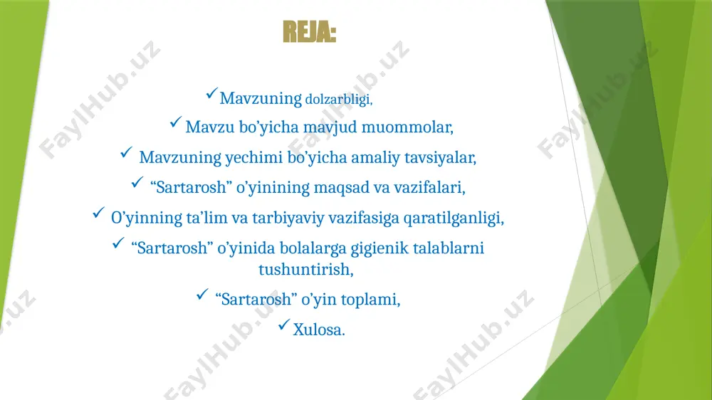 muloqotga kirishida muomila madanyatini shakillantirish “sartarosh” o’yinida bolalarga gigienik talablarni tushuntirish bolalarga “sartarosh” kasbini o’rgatishda, “sartarosh” kasbi qiyimchiliklari yutuqlin taraflarini bolalarga tushuntirish, mijozlar bilan hushmuomila munosabatda bo’lish kerakligini tushuntirish, har bir mijoz bilan ishlaganda gigiyena qoidalariga rioya qilish kerakligini tuishuntirish, bir mijozga ishlatilgan buyum va narsalarni boshqa mijozlarga ishlatmasligi, ishlatizdan oldin toza va ishlatilmaganiga qarashi kerakligini tushuntirish. . xulosa biz tarbiyalanuvchilarga “sujetli-rolli o’yinlar va sahnalashtirish “ rivojlanish markazi uchun “sartarosh o’yini”ni bolalarga “sartarosh” kasbi bilan tanishtirishda, bu kasbning ma’suliyatli va kerakli kasb ekanligini tushuntirishda, bu kasbga qiziqtirish, etika estetika hislarini bolalarda rivojlantirish, bolalarni go’zalik hissiga o’rgatish, bolalarni bir biriga hurmatini va muomila madaniyatini ta’minlashga o’rgatish. e’tiboringiz uchun rahmat! image1.jpeg image2.jpeg image3.jpg image4.jpg image5.jpg image6.jpg image7.jpeg image8.jpeg image9.jpeg image10.jpeg image11.jpeg image12.gif