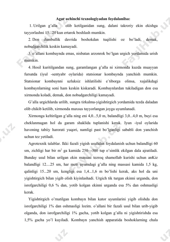 fazali usul bilan urib-yigib olganda, don isrofgarchiligi 1% gacha, yotib kolgan g’alla ni yigishtirishda esa 1,5% gacha yo’l kuyiladi. kombayn yanchish apparatida boshoklarning chala yanchilishi natija​sida bo’ladigan don isrofgarchiligi g’alla uchun 1,5% va sholi uchun 2% dan oshmasligi kerak. urug’lik donning shikastlanishi 1%, ozikbop don uchun 2%, dukkakli va yirik don uchun 3%, sholi uchun 5% dan oshmasligi kerak. g’alla kombaynining umumiy tuzilishi har qanday g’alla kombayni urgich, yanchish apparati, somon elagich, don tozalagich, don bunkeri va somon tuplagich kabi qismlardan iboratdir. g’alla kombaynining texnologik ish jarayoni kuyidagi tartibda bajariladi (113- rasm). 113-rasm. g’alla kombaynining umumiy sxemasi bulgich 2 kombayn kamrov kengligiga teng keladi​gan g’alla ni urilmagan daladan urgichga ajratib beradi. urgich motovilosi 3 ning parraklari poyalarni tuplab, urish apparati 1 ga engashtirib beradi. urish apparati 1 ning segmentlari urgandan sung, poyalar urgich tubiga tushadi. urilgan g’alla ni shnek 4 kurakchalari yordamida ikki chetdan urtaga surib, tuplab, moslanuvchan transportyor 5 …