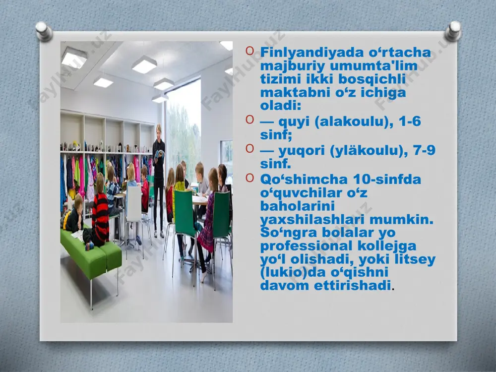 natijalari uchun birovning oldida javob ham berishmaydi, bolalar ham unga maxsus tayyorgarlik ko‘rishmaydi: boriga baraka. finlyandiya maktablarida hayotda kerak bo‘ladigan bilimlar beriladi. masalan, biror bir qurilmaning tuzilishi ularga kerak bo‘lmaydi, uni o‘rganishmaydi ham. u yerdagi bolalar bolalikdan portfolio, shartnoma, bank kartasi nima ekanini yaxshi bilishadi. merosdan soliq fozini yoki kelgusidagi daromadlarini hisoblay olishadi, internetda tashrif-saytini yarata olishadi 5. ishonch birinchidan, maktab xodimlari va o‘qituvchilar uchun turli tekshiruvlar yo‘q, o‘quvchilarga ta'lim berishga doir turli uslublarni o‘rgatuvchilar ham yo‘q. mamlakatda ta'lim dasturi yagona, faqat umumiy tavsiyalar bor, xolos. har bir pedagog o‘zi to‘g‘ri deb bilgan uslubni qo‘llaydi. ikkinchidan, bolalarga bo‘lgan ishonch: darslarda o‘quvchi o‘zini qiziqtirgan ish bilan shug‘ullanishi mumkin. masalan, adabiyot darsida o‘quv filmi namoyish etilayotgan bo‘lsa-yu o‘quvchiga buning qizig‘i bo‘lmasa, u kitob o‘qib o‘tirishi mumkin. o‘quvchi o‘zi uchun nima foydali ekanini o‘zi tanlaydi. 6. istak-xohish o‘qishni istagan odam o‘qiydi. pedagoglar o‘quvchining e'tiborini qaratishga harakat qilishadi, lekin uning o‘rgatilayotgan fanga qiziqishi yoki …