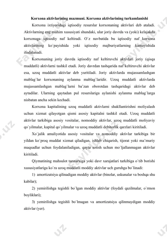 o`rmon boyliklari); 3) yemirilishga tegishli bo`lmagan va amortizatsiya qilinmaydigan moddiy aktivlar (yer). asosiy vositalar hisoblanmaydigan boshqa tahlil qilinadigan aktivlar qatoriga tugallanmagan qurilish, eskirish qiymati bilan nomoddiy aktivlar va boshqalar kiritiladi. moliyaviy menejmentning asosiy vazifasi asosiy mablag`lar tahlil ko`rsatkichlarining o`zgarish dinamikasiga asoslangan holda ularni moliyalashtirishning ustuvor yo`nalishlarini aniqlashdir. korxonalarda joriy aktivlarni boshqarish aktivlarni boshqarish tizimining muhim bo`g`inlaridan biri sanaladi. joriy aktivlar ko`p hollarda aylanma mablag`lar yoki aylanma kapital deb ham yuritiladi. umuman olganda korxonalarning aylanma mablag`lari - bu uning joriy aktivlariga qo`yilgan kapitallarning qismi hisoblanadi. korxona aylanma mablag`larining tarkibi va ularni boshqarish masalalari alohida keltiriladi. asosiy va aylanma kapitalning bir qismi moliyaviy mablag`lar yoki moliyaviy aktivlar ko`rinishida bo`ladi. shu o`rinda kapital atamasi korxona aktivlarini ta’riflashda ishlatilishi bilan birga korxona balansi passivida mablag`lar kelib o`z manbalarini ko`rsatish uchun (qarz yoki chetdan jalb etilgan manbalardan farqli ravishda) ham qo`llaniladi. lekin kapital atamasi ikkala holda ikki xil ma’noda keladi. birinchisida kapital boylikning o`zini ifodalasa, …