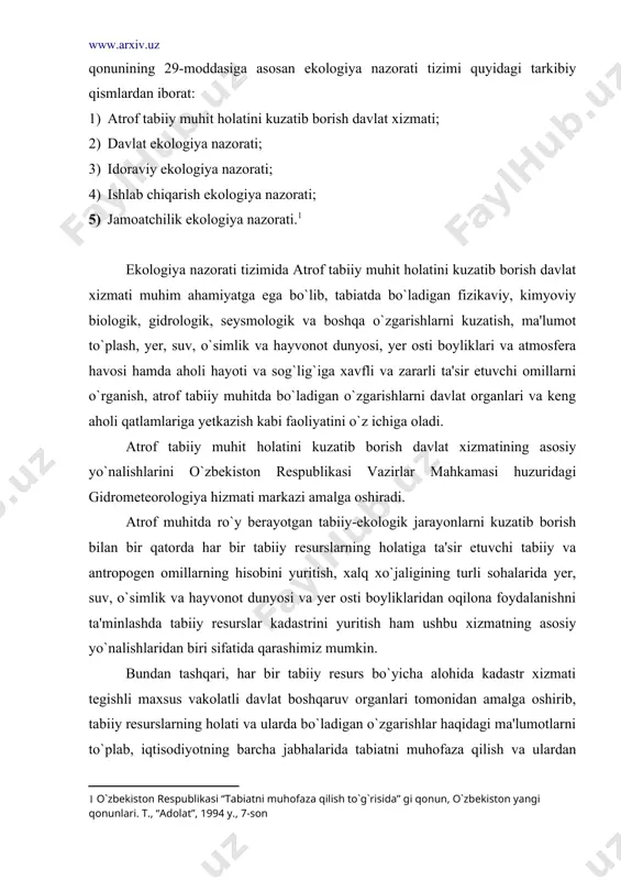 ilishi yuzasidan maxsus vakolatli organlarning tekshirish va choralarni ko`rish bilan bog`liq faoliyatini o`z ichiga oladi. o`zbekiston respublikasi “tabiatni muhofaza qilish to`g`risida” gi qonunning 31-moddasida: “tabiatni muhofaza qilish sohasida” gi davlat nazorati, davlat hokimiyati va boshqaruv idoralari, maxsus vakolatli davlat tabiatni muhofaza qilish idoralari tomonidan amalga oshiriladi. quyidagilar: · o`zbekiston respublikasining tabiatni muhofaza qilish davlat qo`mitasi; · o`zbekiston respublikasi sog`liqni saqlash vazirligi; · yer resurslar, geodeziya, kartografiya va davlat kadastri davlat qo`mitasi; · o`zbekiston respublikasining ichki ishlar vazirligi; · o`zbekiston respublikasining sanoatda, konchilikda va kommunal - maishiy sektorda ishlarni behatar olib borilishini nazorat qilish davlat inspeksiysi maxsus vakolatli davlat organlari hisoblanadi. ekologiya nazoratining navbatdagi turi - ekologiya sohasida idoraviy nazorat hisoblanadi. ekologiya sohasida idoraviy nazorat respublikamizdagi faoliyati tabiiy resurslardan foydalanish va tabiatni muhofaza qilish bilan bog`liq barcha vazirlik, davlat qo`mitalari, idoralari tizimi doirasida olib boriladi. barcha vazirlik, davlat qo`mita va idoralarda ushbu faoliyat bilan maxsus shug`ullanuvchi ekologiya xizmati tuzilmalari mavjud bo`lib, …