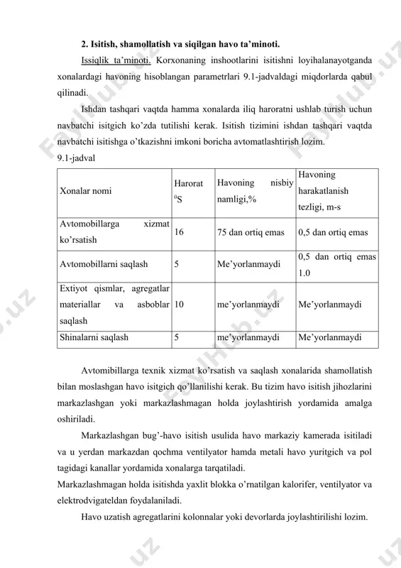 tilmaydi. havoning sovishi hisoblanganda, tashqi to’siqlar va infiltratsiya hisobiga yo’qotiladigan issiqliklardan tashqari, xonaga kirayotgan sovuq avtomobillarni isitishga ketadigan va ochiq darvozadan kirayotgan sovuq havoni isitishna ketadigan issiqlikni ham hisobga olish zarur. isitilgan dvigatelning va uning sovutish tizimidagi suvning o’rtacha harorati 500s ga teng, avtomobilni sovitilgan qismlarini o’rtacha harorati hisoblangan tashqi isitish haroratidan 100s ga yuqori qabul qilinadi. xonalarga kirib kelayotgan avtomobillarni isitish davomiyligi qabul qilinadi. 1 toifali avtomobilar uchun-1soat, 2 va 3 toifa uchun 2 soat, 4 -toifali uchun esa -3 soat. bunda 2 va 3 toifa uchun 70 % issiqlik birinchi soatda sarflanadi, 4 toifa uchun esa birinchi soatda -50 %, ikkinchi soatda -30 % va uchinchi soatda -20 %. darvozaning ochib yopilishi oqibatida xonani sovishi avtomobilarni ko’plab xonaga kirib kelishi va chiqishi vaqtida maksimumga yetadi. havo miqdori shamolni yo’nalishi va tezligidan, tashqi va ichki haroratdan, darvozani balandligi va kengligiga bog’liq. darvozaning ochib yopilishidan yo’qotilayotgan issiqlikni qoplash uchun issiqlik …