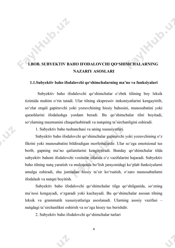 ’sirini kuchaytiradi va o‘quvchining yoki tinglovchining asarga bo‘lgan hissiy munosabatini shakllantiradi. 5. subyektiv baho ifodalovchi qo‘shimchalarni o‘rganishning ahamiyati o‘quvchilarga subyektiv baho ifodalovchi qo‘shimchalarni o‘rgatish, ularning nutq madaniyatini, tahlil qilish va ifodalash malakalarini rivojlantiradi. bu, ayniqsa, tilshunoslik, adabiyot va nutq madaniyati bo‘yicha ta’lim olayotgan o‘quvchilar uchun juda muhimdir. shuningdek, subyektiv baho qo‘shimchalarining o‘rganilishi o‘quvchilarning fikr va hissiyotlarni aniq, ta’sirli va to‘g‘ri ifodalashga yordam beradi. subyektiv baho ifodalovchi qo‘shimchalar o‘zbek tilining boy va ekspressiv vositalaridan biri bo‘lib, ular so‘zlarni hissiy va ta’sirli ifodalashda katta rol o‘ynaydi. bunday qo‘shimchalar tilni boyitadi, so‘zlarning ma’nosini kengaytiradi va gapiruvchi yoki yozuvchining his-tuyg‘ularini aniq va ta’sirli tarzda ifodalaydi. subyektiv baho ifodalovchi qo‘shimchalarni o‘rganish nafaqat tilshunoslik, balki umumiy nutq madaniyati uchun ham muhim ahamiyatga ega. subyektiv baho ifodalovchi qo‘shimchalar o‘zbek tilining boy va rang-barang elementlaridan biri bo‘lib, ular so‘zlarning ma’nosini kengaytirib, nutqning hissiy va ta’sirchanligini oshiradi. 10-sinf ona tili darsligida bu qo‘shimchalar o‘quvchilarga ma'lum bir shaxs yoki holatga …