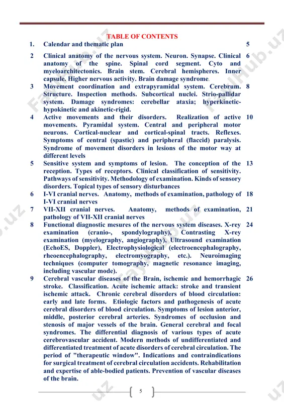 ways of sensitivity. methodology of examination. kinds of sensory disorders. topical types of sensory disturbances 4 5 i-vi cranial nerves. anatomy, methods of examination, pathology of i-vi cranial nerves 4 6 vii-xii cranial nerves. anatomy, methods of examination, pathology of vii-xii cranial nerves 4 7 functional diagnostic mesures of the nervous system diseases. x-rey examination (cranio-, spondylography), contrasting x-rey examination (myelography, angiography), ultrasound examination (echoes, doppler), electrophysiological (electroencephalography, rheoencephalography, electromyography, etc.). neuroimaging techniques (computer tomography, magnetic resonance imaging, including vascular mode). 4 8 cerebral vascular diseases of the brain, ischemic and hemorrhagic stroke. classification. acute ischemic attack: stroke and transient ischemic attack. chronic cerebral disorders of blood circulation: early and late forms. etiologic factors and pathogenesis of acute cerebral disorders of blood circulation. symptoms of lesion anterior, middle, posterior cerebral arteries. syndromes of occlusion and stenosis of major vessels of the brain. general cerebral and focal syndromes. the differential diagnosis …