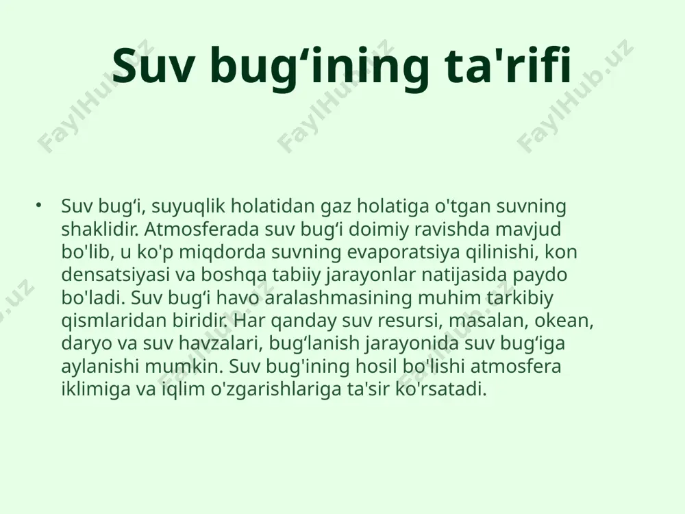 saqlovchi modda sifatida o'zini namoyon qiladi. bu, o'z navbatida, iqlim tizimini boshqaruvchi omilga aylanishadi. suv bug'ining kuchsiz kuchalanishi havo sifatiga ta'sir ko'rsatishi va iqlim sharoitiga munosabatda bo'lishi mumkin. suv bug'ining biologik ahamiyati suv bug'ining biologik ahamiyati ham katta. o'simliklar suv bug'ini fotosintez jarayonida foydalanadilar. suv bug'lari o'simliklarning o'sishiga va rivojlanishiga yordam beradi. atmosferada yetarlicha suv bug'i mavjud bo'lishi ekosistemalarda muhim ahamiyatga ega. shuningdek, suv bug'i hayvonlarning yashashi uchun ham zaruriy sharoitlarni yaratadi. bu shuni anglatadiki, suv bug'ining biologik roli tabiatda juda katta. suv bug'ining iqlim nazoratidagi roli suv bug'i iqlim nazoratida muhim rol o'ynaydi. u bulutlar va yog'ingarchiliklarni hosil qilib, global haroratni ushlab turadi. suv bug'ining miqdori iqlim o'zgarishini kuzatishda muhim indikatorlardan biridir. iqlimshunoslar atmosfera tarkibidagi suv bug'i miqdorida bo'lgan o'zgarishlarni o'rganib, kelajakdagi iqlim sharoitlarini prognoz qiladilar. bu ilmiy xulosalar muhim ahamiyat kasb etadi. atmosferadagi suv bugʻining o'lchovlari atmosferadagi suv bug'ining o'lchovlari meteorologik kuzatuvlar va ilmiy tadqiqotlar orqali amalga oshiriladi. …