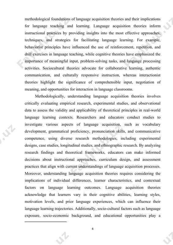 s, and observational data to assess the validity and applicability of theoretical principles in real-world language learning contexts. researchers and educators conduct studies to investigate various aspects of language acquisition, such as vocabulary development, grammatical proficiency, pronunciation skills, and communicative competence, using diverse research methodologies, including experimental designs, case studies, longitudinal studies, and ethnographic research. by analyzing research findings and theoretical frameworks, educators can make informed decisions about instructional approaches, curriculum design, and assessment practices that align with current understandings of language acquisition processes. moreover, understanding language acquisition theories requires considering the implications of individual differences, learner characteristics, and contextual factors on language learning outcomes. language acquisition theories acknowledge that learners vary in their cognitive abilities, learning styles, motivation levels, and prior language experiences, which can influence their language learning trajectories. additionally, socio-cultural factors such as language exposure, socio-economic background, and educational opportunities play a significant role in shaping language …