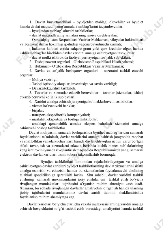 lot sifatini oshirishga ta’sir etishi mumkin; 1. ochiq tenderlarni e’lon qilish orqali raqobatni rivojlantirishga ta’sir etish mumkin bo’ladi. yuqorida sanab o’tilgan holatlarda faqatgina mamlakat darajasida davlat xiridini boshqarishning samarali mexanizmlari mavjud bo’lgan sharoitda, ya’ni xaridni oqilona rejalashtirish va uning iqtisodiyotga ta’sirini to’g’ri baholash orqali erishish mumkin. o’zbekiston hukumati davlat xaridi instrumentlaridan turli ko’rinishlarda foydalanib kelmoqda. masalan, o’rta maxsus ta’lim tizimidagi islohotlar nafaqat o’quv binolari sonining ortishiga olib keldi, balki respublikada kapital qurilish sohasining rivojiga katta turtki berdi. 2000 yillar boshida qurilish kompaniyalari nochor ahvolda bo’lgan bo’lsalar, hozir ular qurilish-montaj ishlari va loyihalarning turli-tumanligi va sifati bo’yicha xorijiy kompaniyalar bilan raqobat qila oladilar. shuning bilan bir vaqtda, o’zbekistonda ishlab chiqarilayotgan qurilish materiallarining turlari ham kengaydi. kapital qurilish sohasiga davlat buyurtmasi aholi bandligini oshirishda ham muhim o’rin egallaydi. xuddi shunday misollarni sanoat va qishloq xo’jaligi ishlab chiqarish tarmoqlari bo’yicha ko’plab keltirish mumkin. o’zbekiston respublikasida davlat xaridining sub’ektlari bo’lib quyidagilar hisoblanadi: 1. davlat …