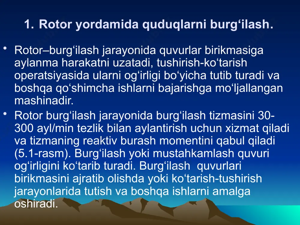 ani montaj qilish sodda, ishlatish oson, yuqori ishonchlilikga va iqtisodiy samaraga ega. dizel-elektrik yuritma dizel yordamida, generotorni aylantiradi, manba о‘z navbatida elektrdvigatel hisoblanadi. dizel-gidravlik yuritma ichki yonuvchi dvigatel va quvur yuritmadan tuzilgan. burg‘ilash qurilmasining kuch yuritmasi umumiy quvvati 1000 kvt dan 4500 kvt gacha, ya’ni burg‘ilash nasoslari va rotor yuritmalaridan taqsimlanadi. quduqlarni burg‘ilashda pо‘lat burg‘ilash quvurlari qо‘llaniladi, ular ichki va tashqi kirgizmali, uchlariga ulanmalar payvandlangan, blokirovkali belbog‘li, barqarorlashtiruvchi belbog‘li hamda yengil qо‘yma burg‘ilash (yeqbq) quvurlari turlarida bо‘ladi. burg‘ilash quvurlari uglerodli va legirlangan pо‘latlardan tayyorlanadi. burg‘ilash quvurlari ichki va tashqi uchlariga kirgizilgan quvurlarning diametri 102 mm. gacha va undan katta diametrlarda, uzunligi 11,5 metr va undan uzun о‘lchamlarda ishlab chiqariladi. uzunligi 6 m quvurlar mufta bilan jamlanadi, uzunligi 8 va 11,5 metr uzunlikdagi quvurlar esa muftasiz keltiriladi. burg‘ilash quvurlarini ulashda burg‘ilash qulflari qо‘llaniladi. zn- normal о‘tish teshikli qulflar ichki uchiga kirgizilgan burg‘ilash quvurlarini biriktirishda, zu qulfi esa tashqi uchiga kirgizilgan burg‘ilash …
