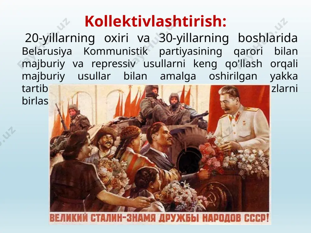 n ko'chirish kolxozga qo'shilishdan bosh tortgan dehqonlarga nisbatan qatag'on choralarini qo'llash (qatl qilishgacha). lashkina o.v. sankt-peterburg, 2011 yil kollektivlashtirish natijalari salbiy: ijobiy: yalpi qishloq xo'jaligi mahsulotining qisqarishi, ommaviy ocharchilik xususiy mulk vayron qilingan . qishloq xo'jaligini mexanizatsiyalash darajasini oshirish davlat don xaridlarining o'sishi yevropaga non eksportini oshirish ishchilarning shaharga kirib kelishi aholining haddan tashqari ko'payishiga barham berish image2.png image3.jpeg image4.jpeg image5.jpeg image6.jpeg image7.jpeg image8.jpeg image9.jpeg image10.jpeg image11.png image12.png /docprops/thumbnail.jpeg