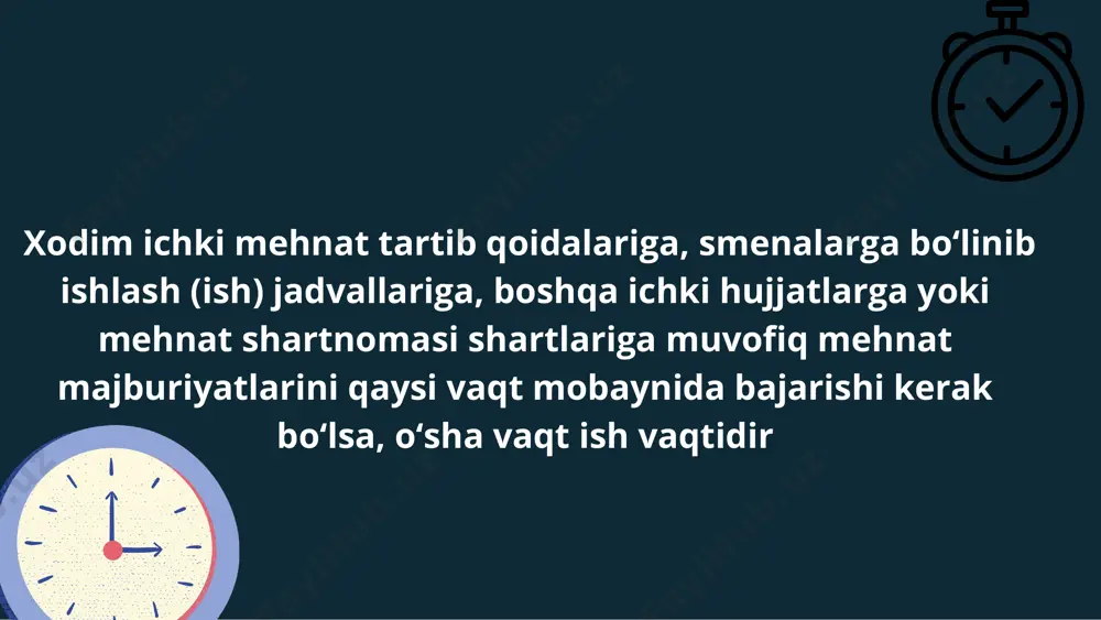 hdan bo‘sh bo‘lgan qo‘shimcha kunlar, shuningdek qon va uning tarkibiy qismlari topshirilgan har bir kundan keyin donorlarga beriladigan dam olish kuni. dam olish kunlari va ishlanmaydigan bayram kunlari ish kuni (smena) davomida xodimga dam olish va ovqatlanish uchun davomiyligi ko‘pi bilan ikki soat va kamida o‘ttiz daqiqa bo‘lgan, ish vaqtiga kiritilmaydigan tanaffus berilishi kerak. ichki mehnat tartibi qoidalarida yoki mehnat shartnomasida, agar xodim uchun belgilangan kunlik ishning (smenaning) davomiyligi to‘rt soatdan oshmasa, unga mazkur tanaffus berilmasligi nazarda tutilishi mumkin. har kungi (smenalar oralig‘idagi) dam olishning davomiyligi ishning tugashi va uning keyingi kuni (smenada) boshlanishi o‘rtasidagi har kungi (smenalar oralig‘idagi) dam olish davomiyligi, shu jumladan dam olish va ovqatlanish uchun tanaffus o‘n ikki soatdan kam bo‘lishi mumkin emas. ishlanmaydigan bayram kunlari 1-yanvar — yangi yil; 8-mart — xotin-qizlar kuni; 21-mart — navro‘z bayrami; 9-may — xotira va qadrlash kuni; 1-sentabr — mustaqillik kuni; 1-oktabr — o‘qituvchi va murabbiylar kuni; 8-dekabr — …