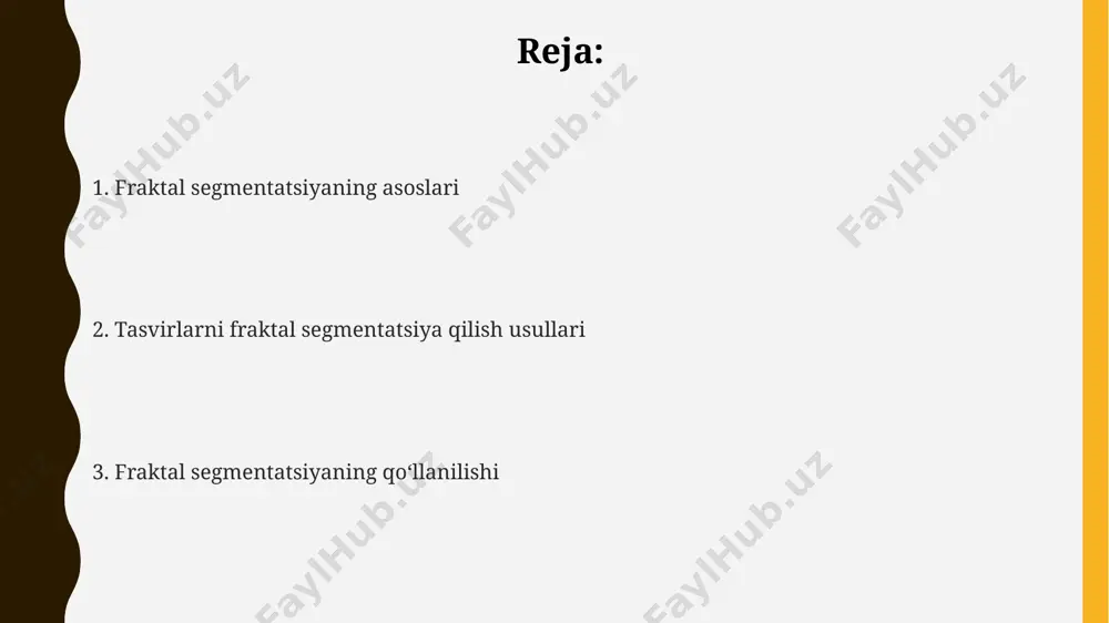 va hausdorff o'lchov kabi turli xil algoritmlar mavjud bo'lib, ularning har biri turli xil xususiyatlarni aniqlashga yordam beradi. kelajakdagi tadqiqotlar yo'nalishlari chuqur o'rganish usullarini fraktal segmentatsiya bilan birlashtirib, avtomatik xususiyatlarni tanlash va modelni optimallashtirish orqali segmentatsiya aniqligini 5% dan yuqori darajaga ko'tarish mumkin. turli xil fraktal o'lchovlarni birlashtiruvchi gibrid yondashuvlarni ishlab chiqish va shu orqali segmentatsiya aniqligi va tezligini 10-20% ga oshirish mumkin. yuqori o'lchovli ma'lumotlar (masalan, 3d yoki 4d tasvirlar)ni fraktal segmentatsiya qilish algoritmlarini rivojlantirish va ularning tibbiy diagnostika, masalan, onkologiya sohasidagi samaradorligini baholash kerak. tasvirlarni segmentatsiya qilish usullari grafik kesishmalarni aniqlash uchun chegaralarni topish algoritmlari (masalan, canny detektori) bilan birga, 256 darajali kulrang tonlarga ega tasvirlarni segmentatsiya qilish uchun chegaralarni aniqlash usullaridan foydalanish mumkin. soha bo'yicha ekspertlar tomonidan belgilangan 5-10 ta hududlarga asoslangan, qo'lda segmentatsiya qilish usuli yuqori aniqlikka ega bo'lsa-da, vaqt talab qiladi va subyektiv bo'lishi mumkin. tasvirlarni segmentatsiyalashda k-means kabi 2-3 ta klasterlash algoritmlaridan foydalanish orqali …