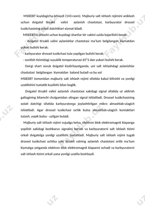 i. vt3 va vt4 tranzistorlar chegaraviy element vazifasini bajaradi. kondensator s1 dagi kuchlanish 8 v dan (tayanch kuchlanish) ortishi bilan bu tranzistorlar ochiladi. shunday kilib, kirish signal chastotasi ulanish chegarasidan kam bulganda, kondensator s1 chegaraviy elementning tayanch kuchlanishidan ortikrok kiymatga ega bulgan kuchlanishgacha zaryadlanib ulguradi. bunda, vt3 va vt4 tranzistorlar ochiladi va mikrosxema a2 orkali vt6 tranzistor bazasiga yuborilgan signal ta’sirida vt6 tranzistor ochiladi. bu esa, uz navbatida vt8 tranzistorini ochilishi va shtekker x6 orkali elektromagnit klapan 2 ga kuchlanish uzatilishini ta’minlaydi. shtekker x5, drossel tusikchasi xolati datchigi s1 kontaktlari orkali, «massa» bilan ulanganda (ya’ni, drossel tusikchasi yopik xolat) elektromagnit klapanga uzatilayotgan kuchlanish kirish signali chastotasiga boglik ravishda uzgaradi. shtekker x5 «massa» dan ajratilsa (ya’ni, drossel tusikchasi ochilsa) tranzistor vt7 yopiladi, vt5 tranzistor esa ochiladi. bu chikish tranzistori vt8 ni ochilishiga va tok manbaini + kutbini (kirish signali chastotasidan kat’iy nazar) elektromagnit klapaniga ulanishiga va karbyuratorni salt ishlash naychasini ochilishiga …