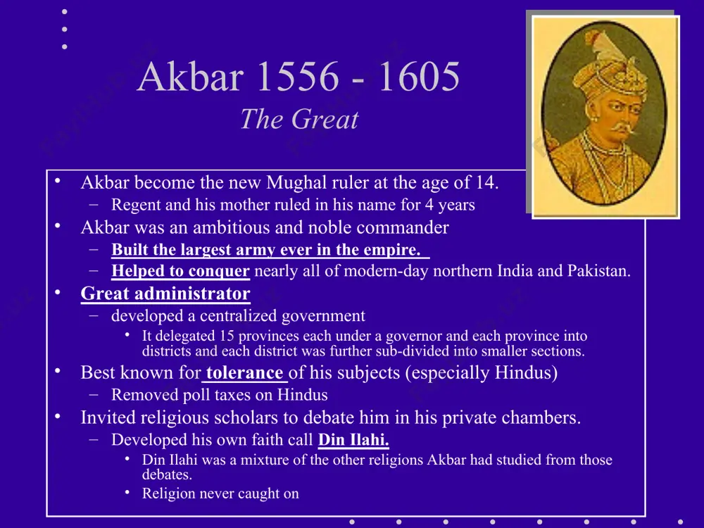 ld lodi regime. in 1540, the mughal domain came under control of farid khan sur (shir shah sur). humayun died at the age of 48 when he fell down the steps of his library. 1556-1605 akbar, the most sophisticated mughal commander and leader, was only 14 years of age when he succeeded his father humayun. under akbar's reign, muslims and hindu’s received the same respect. summary: the dynasty of the great mughals in india summary: the dynasty of the great mughals in india 1605-1628 jehangir succeeded his father, akbar. 1628-1658 prince khurram was 35 years old when he ascended the throne as shah jehan, king of the world. 1659-1707 in the summer of 1659, aurangzeb held a coronation in the red fort where he assumed the title of alamgir (world conqueror). after a bitter struggle with his two brothers, aurangzeb was the victor who took the throne. 1857 bahadur shah …