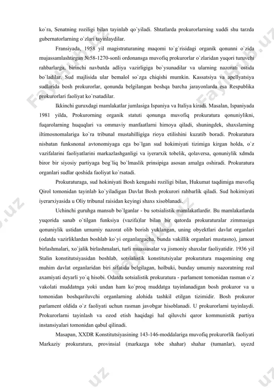 idan keyingi shaxs xisoblanadi. uchinchi guruhga mansub bo`lganlar - bu sotsialistik mamlakatlardir. bu mamlakatlarda yuqorida sanab o`tilgan funksiya (vazifa)lar bilan bir qatorda prokuraturalar zimmasiga qonuniylik ustidan umumiy nazorat olib borish yuklangan, uning obyektlari davlat organlari (odatda vazirliklardan boshlab ko`yi organlargacha, bunda vakillik organlari mustasno), jamoat birlashmalari, xo`jalik birlashmalari, turli muassasalar va jismoniy shaxslar faoliyatidir. 1936 yil stalin konstitutsiyasidan boshlab, sotsialistik konstitutsiyalar prokuratura maqomining eng muhim davlat organlaridan biri sifatida belgilagan, holbuki, bunday umumiy nazoratning real axamiyati deyarli yo`q hisobi. odatda sotsialistik prokuratura - parlament tomonidan rasman o`z vakolati muddatnga yoki undan ham ko`proq muddatga tayinlanadigan bosh prokuror va u tomonidan boshqariluvchi organlarning alohida tashkil etilgan tizimidir. bosh prokuror parlament oldida o`z faoliyati uchun rasman javobgar hisoblanadi. u prokurorlarni tayinlaydi. prokurorlarni tayinlash va ozod etish haqidagi hal qiluvchi qaror kommunistik partiya instansiyalari tomonidan qabul qilinadi. masapan, xxdr konstitutsiyasining 143-146-moddalariga muvofiq prokurorlik faoliyati markaziy prokuratura, provinsial (markazga tobe shahar) shahar (tumanlar), uyezd …