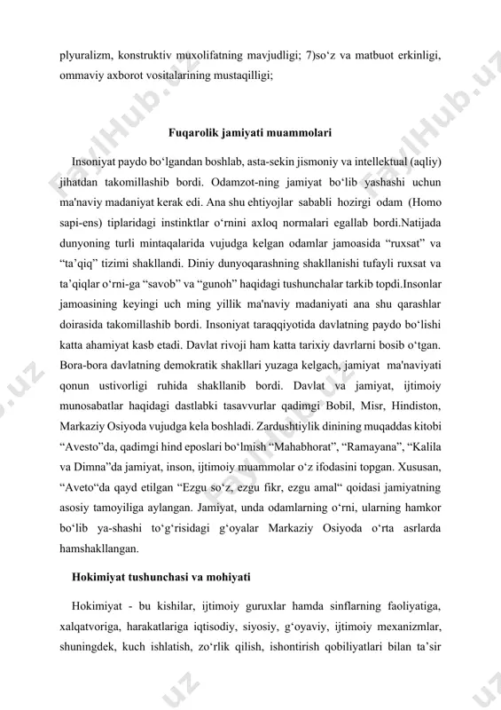 ish, ishontirish qobiliyatlari bilan ta’sir etuvchi faoliyatning alohida shaklidir». hokimiyat - yaxlit va bir butun ijtimoiy hodisadir. bu esa uning muayyan tarkibiy qismlardan tashkil topganligini inkor etmaydi. hokimiyat - bir qator tuzilmalardan iborat bo‘lgan ijtimoiy hodisadir. uning tarkibiga sub’yekt, ob’yekt va resurslar kiradi. hokimiyatning asosiy tarkibiy qismlaridan biri- sub’yekt (aktor) dir. u hokimiyatning bevosita tashuvchisidir. sub’yekt - hokimiyatning faol, yo‘naltiruvchi qismidir. u alohida inson,sotsial guruh, kishilarning birligi, misol uchun xalq yoki jahon hamjamiyati, davlat institutlari, siyosiy partiyalar bo‘lishi mumkin. biroq, har qanday inson hokimiyatning sub’ekti bo‘lavermaydi. hokimiyat ob’yektini quyidagilar:individ, sotsial guruh, sinf, jamiyat tashkil etadi. hokimiyatning asosini yoki manbaini resurslar tashkil etadi. bu resurslar hokimiyat sub’ekti tomonidan hokimiyat ob’ektiga ilgari surilgan masalaga erishish maqsadida ta’sir ko‘rsatish uchun foydalaniladi. resurslar kishilarni rag‘batlantirish, jazolash yoki ishontirishda qo‘llanilishi mumkin. hokimiyat - boy va xilma-xil shakllarda, darajalarda ko‘rinadigan ijtimoiy hodisadir. bu ko‘rinishlar ilmiy adabiyotlarda qanday resurslarga asoslanishiga ko‘ra, siyosiy, iqtisodiy, sotsial, madaniy-axborot, majburlovchi hokimiyatlarga …