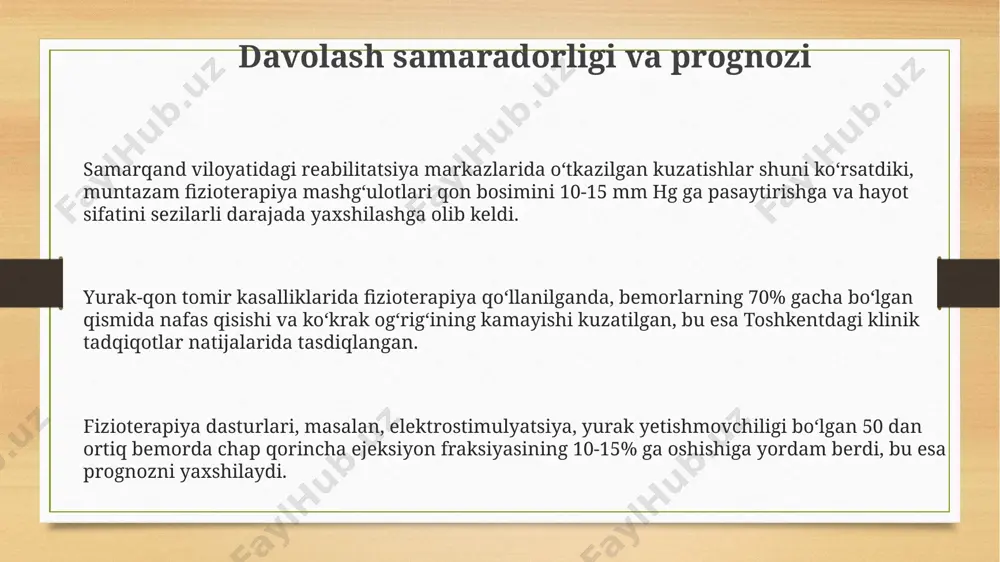 samarqanddagi klinik amaliyotda aniqlangan. yurak-qon tomir kasalliklarida fizioterapiya, masalan, 10-15 daraja eğimli yurish yo'li yordamida, 30 minut davomida qon aylanishini yaxshilaydi va miokardning kislorod bilan ta'minlanishini oshiradi, bu esa london klinik tadqiqotlarida tasdiqlangan. aritmiyalarda fizioterapiya yurak aritmiyasida, masalan, atrial fibrilatsiyada, nafas olish mashqlari va diafragma nafasini o'rgatish yurak urish tezligini 10-15% ga kamaytirishga yordam beradi, bu esa aqshda o'tkazilgan tadqiqotlar bilan tasdiqlangan. fransiyada ishlab chiqilgan maxsus fizioterapiya dasturi yordamida, 20-45 yosh oralig'idagi yurak aritmiyali bemorlarda qon bosimini nazorat qilish va yurak ritmini barqarorlashtirishda ijobiy natijalar kuzatilgan, bu esa 80% bemorda klinik yaxshilanishga olib keldi. o'zbekistonda 50 dan ortiq bemor ustida o'tkazilgan sinovlarda, yurak aritmiyasi bo'lgan bemorlarda fizioterapiya vositalaridan, xususan, elektrostimulyatsiya texnikasini qo'llash natijasida og'riq sezgisi 30% ga kamayganligi aniqlangan. koronar arteriya kasalligida fizioterapiya koronar arteriya kasalligi bilan og'rigan 50 yoshdan oshgan 100 bemorda o'tkazilgan samarqanddagi tadqiqotlar, fizioterapiya mashqlari yurak ritmini yaxshilash va qon bosimini 10-15 mm hg ga pasaytirishga yordam …