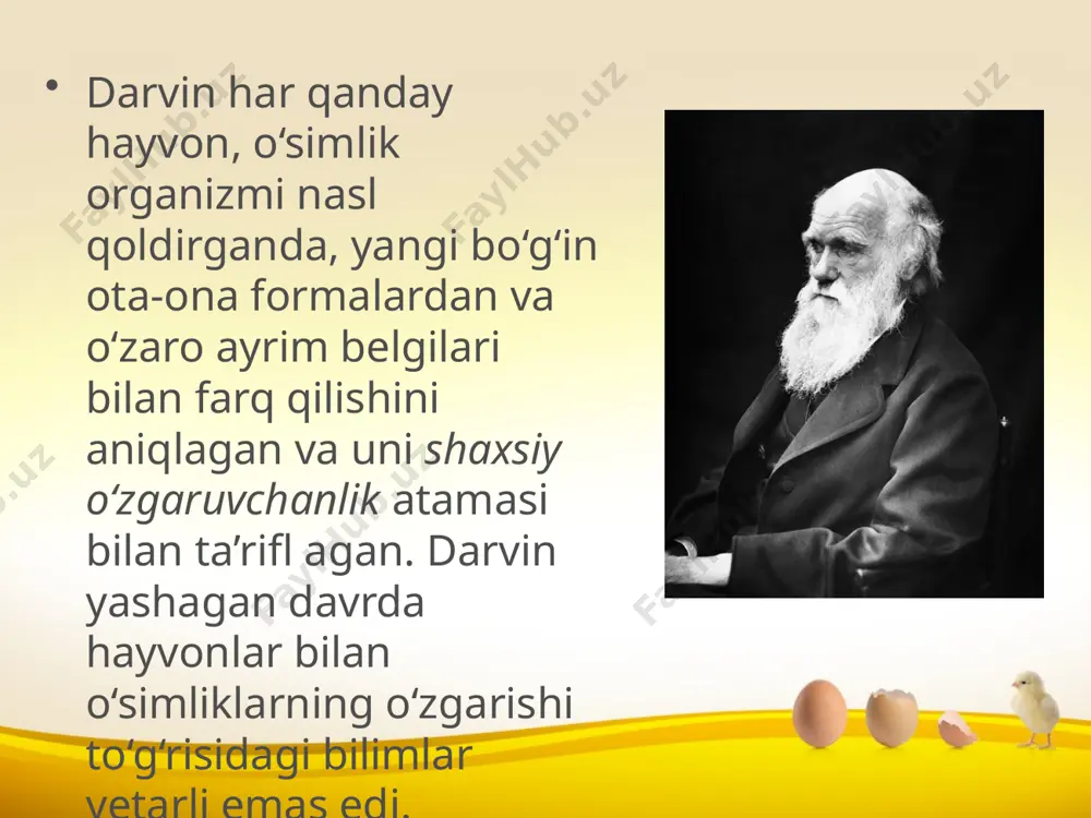 izmlarida bo‘lmagan yangi va turg‘un irsiylanuvchi sifat o‘zgarishlarning kelib chiqishi mutatsion o‘zgaruvchanlikning evolutsiyadagi muhim ahamiyatini belgilaydi. mutatsiyalar foydali, neytral va zararli bo‘ladi. foydali mutatsiyalar, deyarli kam uchrasa ham ular namoyon bo‘lgan organizmlar tabiiy va sun’iy tanlash jarayonida saqlanib qoladi. mutatsiyalarni genotipning qaysi tarzda o‘zgarishiga qarab bir qancha tiplarga ajratish mumkin. gen mutatsiyalari bir gen doirasida sodir bo‘ladigan irsiy o‘zgaruvchanlikdir. gen mutatsiyalari boshqa xil mutatsiyalarga nisbatan ko‘proq tarqalgan. dnk molekulasida bitta gen doirasida nukleotidlar tartibining o‘zgarishi yoki bir nukleotid o‘rniga boshqasining o‘rnashib qolishi gen mutatsiyasining kelib chiqishiga sabab bo‘lishi mumkin. xromosoma mutatsiyalari xromosomalarning anchagina katta, mikr oskopda ko‘rsa bo‘lad igan mutatsiyalardir. xromosoma mutatsiyalarida xromosomalar soni o‘zg armaydi, ammo bir yoki bir nechta xromosomada qayta tuzilishlar kuzatiladi. genom mutatsiyalar,bir tur organizmlariga xos xromosomalar to‘pl amidagi xromosomalar sonining o‘zgarishiga bog‘liq mutatsiyalardir. genom mutatsiyasi to‘plamdagi xromosomalar sonining karrali ortishi xarakteriga qarab turlarga ajratiladi: polipl oidiya – xromosoma to‘plami sonining o‘zgarishi, geteroploidiya – to‘plamd agi …