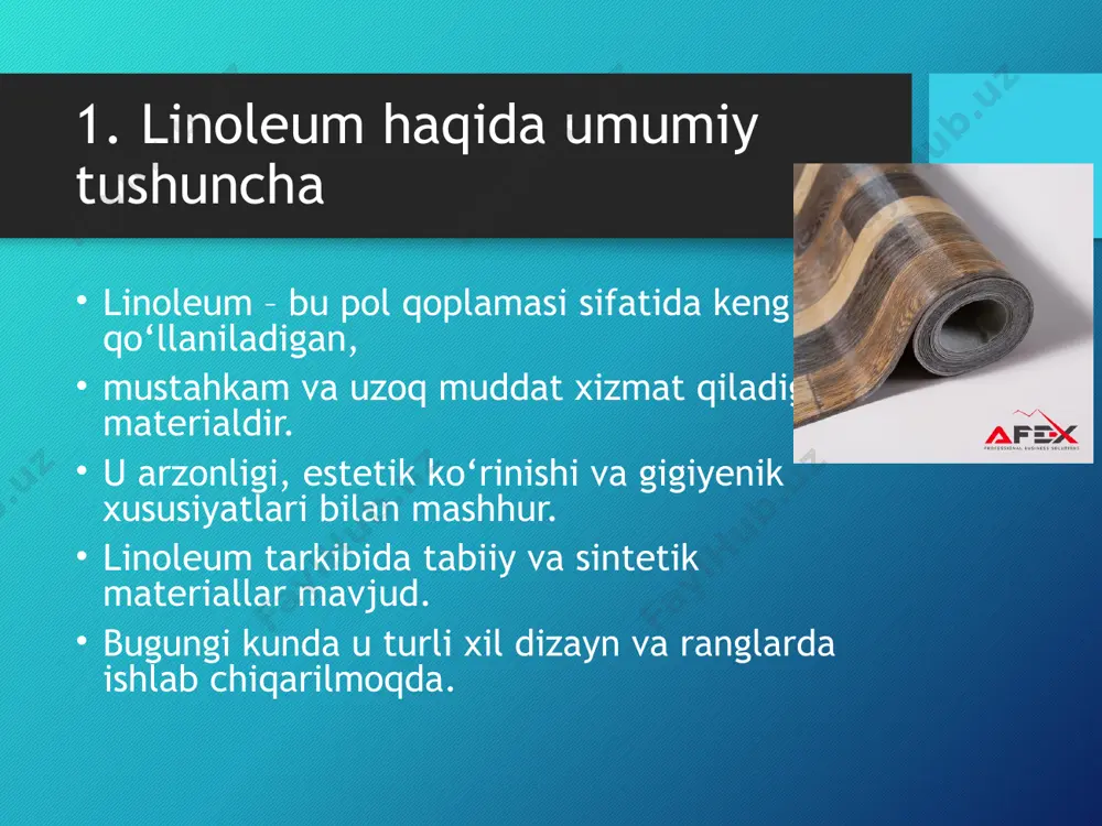 a linoleum – zamonaviy pol qoplamalarining eng ko‘p tarqalgan turlaridan biri bo‘lib, arzonligi, mustahkamligi va gigiyenik xususiyatlari bilan ajralib turadi. u tabiiy va sintetik xom ashyolardan tayyorlanadi hamda turli xil dizayn va ranglarda ishlab chiqariladi. linoleumning turlari (tabiiy, sintetik, kauchuk, relin, kompozit) iste’molchilarning turli ehtiyojlariga mos keladi va uy-joy, ofis hamda sanoat binolarida keng qo‘llaniladi. ishlab chiqarish texnologiyasi bosqichlari – xom-ashyo tayyorlash, aralashma tayyorlash, presslash, rang va dizayn berish hamda himoya qatlamini qo‘llash jarayonlari mahsulot sifatini belgilaydi. shunday qilib, linoleum – arzon, qulay, chidamli va estetik jihatdan jozibador bo‘lgan pol qoplamasi sifatida qurilish va ta’mirlash sohasida muhim o‘rin tutadi. ахмедов ш., qurilish materiallari. – toshkent: o‘zbekiston milliy ensiklopediyasi, 2020. каримов н., zamonaviy pol qoplamalari va ularning turlari. – toshkent: “fan va texnologiya”, 2021. мирзаев а., qurilish materiallari ishlab chiqarish texnologiyasi. – toshkent: “sharq”, 2019. интернет манбалари: www.floorcoveringweekly.com www.archdaily.com www.linoleumcity.com foydalanilgan adabiyotlar: image2.png image3.png image4.jpeg image5.png image6.jpeg image7.jpeg image1.png /docprops/thumbnail.jpeg