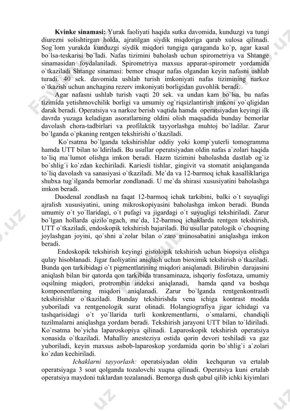 ium qo`llaniladi. uyqu buzilganda uxlatuvchi dorilar tayinlanadi. · bemorga har qanday o`z muammolari va havotiri haqida gapirishni rag`bag`lantirish; · bemor operatsiya xususiyati haqida tassavurga ega ekanligiga ishonch hosil qilish; · bemorning o`ziga xos harakteri bilan hisoblashish, sabr-toqat, chidam, o`zini tuta bilish va mehribonlik ko`rsata olishi kerak; a · anesteziolog-vrach bilan suhbatga bemorni tayyorlash. operatsiyaga jismoniy tayyorlash bemor har tomonlama va tizimlar bo`yicha tekshiriladi. dastlab, bu bemor shikoyatlarining tahlili va anamnez ma`lumotlari, pal`pasiya, auskul`tasiya, perkussiyani o`z ichiga olgan klinik tekshirishning hamma lokal statusi va umumiy ob`yektiv hamda umumklinik tekshirish usullari. qon va qon aylanish tizimining holatini baholash uchun pul`s soni sanaladi, sifati uchun to`liqligi, tarangliligi va ritmi aniqlanadi. arterial bosim aniqlanadi. qon guruhi va rezus mosligi, qonning umumiy tahlili, qonning ivuvchanligi va eritrotsidlarning cho`kish tezligi aniqlanadi. zarur hollarda qon koagulogrammasi qilinadi, trombositlarning sonli miqdori aniqlanadi. yurak faoliyatini baholash uchun ekg olinadi. bu tekshirishlardan tashqari yurak-qon tomir tizimining funksional holatini baholash uchun …