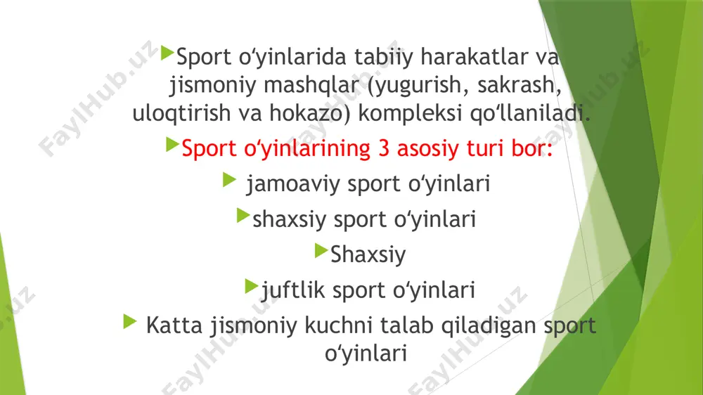 lar va bolalar jamoalari bor. 1991-yildan oʻzbekistan chempionata muntazam oʻtkaziladi. futbol (inglizcha foot — „oyoq“, ball — „toʻp“) — sport oʻyini, 2 darvoza (7,32x2,44 m) li maxsus maydon (90-120 x 45- 90)da toʻp bilan jamoa boʻlib oʻynaladi. f. toʻpining ogʻirligi 410-450 g, aylana diametrining uzunligi 68-70 sm, oʻyinning asosiy vaqti 90 daqiqa (45 daqiqadan 2 boʻlim, 12-15 daqiqa tanaffus). maydonda ikkala jamoada 11 kishidan boʻladi. oʻyindan maqsad raqib darvozasiga toʻpni oyoq yoki gavda qismlari bilan (qoʻldan tashqari) kiritishdan iborat. faqat darvozabonlargina qoʻl bilan oʻynashi mumkin (jarima maydonchasida).stol tennisi — kichik koptok va raketkalar bilan stolda uynaladigan sport oʻyini. sharqiy osiyoda paydo boʻlgan. 20-asrning 20y.laridan koʻp mamlakatlarga tarkalgan badminton (angliyaning badminton shahri nomidan) — patli koptok (volan)ni raketka bilan urib o‘ynaladigan tennisga o‘xshash sport o‘yini. o‘yin to‘rtburchakli maydonchada (yakkama-yakka uchrashuvlarda maydoncha o‘lchovi 13,4x5,2 m va juftli o‘yinlarda 13,4x6,1 m) 1,55 m balandlikda tortilgan to‘rda o‘tkaziladi. o‘yinda raqib urgan koptokchani yerga tushirmay …