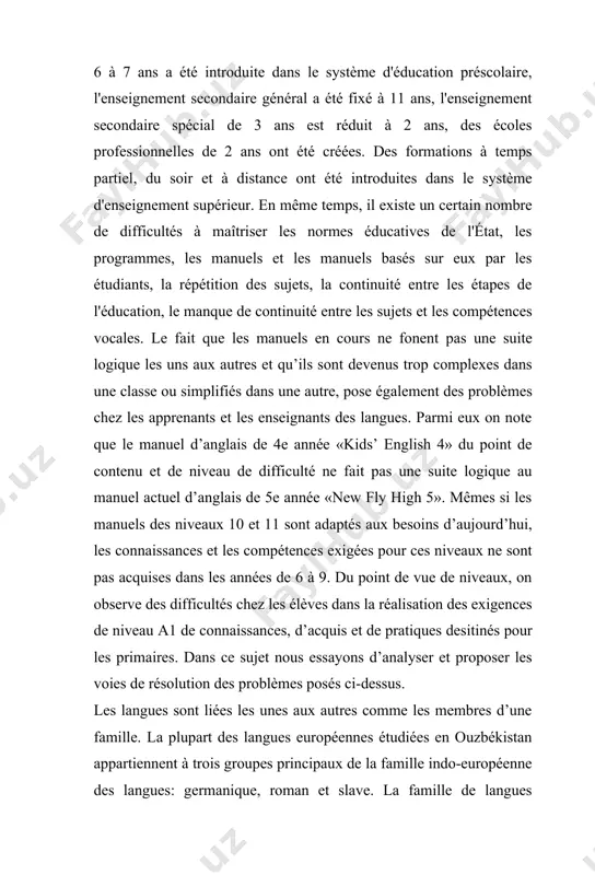 ème linguistique dans ce monde consiste dans la connaissance simultanée de trois langue: la langue natale, la langue mondiale et une autre langue intermédiaire [khanazarov., 2007; 61]. au cours des 10 derniers jours de septembre, la célébration des journées des langues européennes avec les partenaires comme le british council en ouzbékistan, le goethe institute à tachkent, les ambassades de france, de roumanie et de suisse en ouzbékistan est en tradition à l’université des langues du monde de la république d’ouzbékistan. cette fête permette aux étudiants et aux professeurs d'écouter en direct les discours dans une langue étrangère qu'ils apprennent, de développer leurs compétences communicatives. 2. l'enseignement des langues étrangères. je voudrais aussi vous parler du travail effectué en ouzbékistan sur l'enseignement des langues étrangères, des langues européennes y comprises, de la situation actuelle, des problèmes et des tâches. tout d’abord la statistique: le nombre d'apprenants l'anglais dans les établissements d'enseignement …