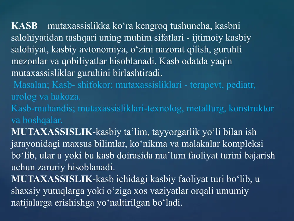 ni ajrata olish; hidni sezish; yuqori sezgirlik; jismoniy chaqqonlik. shaxsiy fazilatlar e’tiborli bo‘lish; kuchli xotiraga ega bo‘lish; diqqatni jamlay olish; tartiblilik; sabrlilik. ishlash sharoiti tashqi muhiti sharoitida; ijtimoiy muloqot cheklanmagan; sabr-toqat diqqat va kuchli xotira talab etadigan ish; ish tartibi-kunlik (shaxsiy reja asosida); yakka tartibdagi (ish hajmiga qarab) ish sharoitidagi faoliyat. tibbiy monelik (cheklovlar) turli moddalarga allergik kasalliklar; bo‘g‘im kasalliklari; rangni ajrata olmaslik; hid sezmaslik; ko‘rishning pastligi; xotira pastligi; asab va ruhiy kasalliklar; umurtqa pog‘anasi kasalliklari. ishlash mumkin bo‘lgan joylar kasbni egallagan kichik mutaxassislar barcha turdagi korxona,tashqi yoki yakka tartibda elektr jihozlarni montaj qilish, sozlash bilan bog‘liq holdagi mehnat faoliyatini olib borishlari mumkin bo‘ladi. professiogrammaning tarkibiy qismlari. (elektro texnologiyalarini montaj qilish va sozlash texnikasi кasbi) umumiy tаvsifi меhnat shаrоitlari ishlab chiqarish хarakteristikasi kasb mazmuni, xarakteri, ob’ekti, qurollari va natijasi professiogramma sхемаsi ishchi kasbiga qo‘yiladigan talablar boshqa mutaxassisliklar bilan bog‘liqligi kasbning psixologik xarakteristikasi каsb таnlаsh yo,llari umumiy vа махsus bilim кo,nikma …