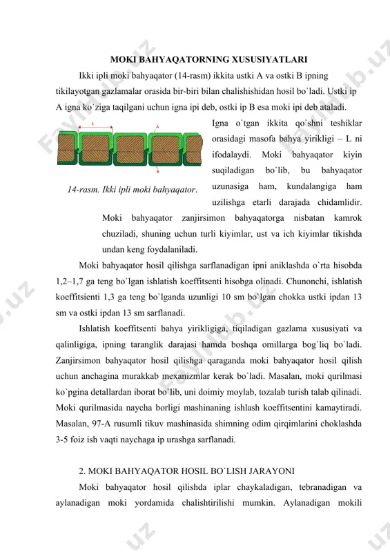 i. masalan, 97-a rusumli tikuv mashinasida shimning odim qirqimlarini choklashda 3-5 foiz ish vaqti naychaga ip urashga sarflanadi. 2. moki bahyaqator hosil bo`lish jarayoni moki bahyaqator hosil qilishda iplar chaykaladigan, tebranadigan va aylanadigan moki yordamida chalishtirilishi mumkin. aylanadigan mokili mashinalar ko`prok tarqalgan, shuning uchun quyida aylanadigan mokili mashinalarda moki bahyaqator hosil bo`lish jarayonini qarab chiqamiz. g`altak 5 dagi (15-rasm, a) ustki ipni ip taranglash shaybalari 3 orasidan olib utib, ip tortgich 4 ning qulog`idan o`tkaziladi-da, igna 2 ning ko`ziga taqiladi. igna 2 materialni teshib, ustki ipni undan olib utadi va eng pastki holatga tushadi. igna ostki holatidan 1,5–2 mm ko`tarilganda ustki ipdan halqa hosil bo`ladi, bu halqani moki 1 ning uchi ilib oladi. igna (15-rasm, b) yuqoriga ko`tarila boshlaydi, shunda mokining uchi 7 ustki ip halqasini ilib kengaytiradi. ip tortgich 4 pastga tomon harakatlanib, mokiga ip uzatib beradi. ustki ip halqasini moki naycha atrofidan aylantiradi (15-rasm, v). ustki ip halqasi …