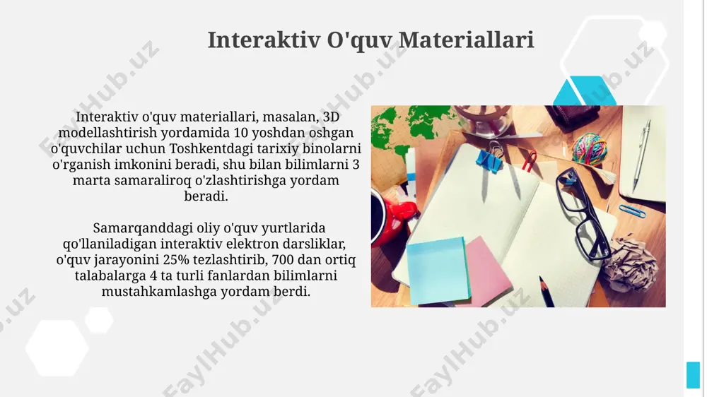 balldan baholanadi. loyihaviy ish uslubi 5 bosqichdan iborat boʻlib, har bir bosqichda talabalarning 20% dan ortiq vaqtini amaliy mashgʻulotlarga, jumladan, toshkentdagi taʼlim muassasalarida oʻtkaziladigan loyihalarga bagʻishlashni nazarda tutadi. hamkorlik va guruhda ish 5-10 кишилик гуруҳларда ўзбекистондаги мактабларда ўтказиладиган "hamkorlik va guruhda ish" машғулотлари, ўқувчиларга 2-3 та мураккаб масалани ҳал қилишга ёрдам беради. "hamkorlik va guruhda ish" стратегияси тошкентдаги 20 дан ортиқ мактабда синовдан ўтказилди ва 85% ўқувчиларнинг ўзлаштириш кўрсаткичи яхшиланиши кузатилди. gamifikatsiya va o'yinlashtirish gamifikatsiya yordamida o'quvchilarning motivatsiyasi 15 ballga oshadi, shu bilan birga, ularning 50% dan ortig'i ona tili va matematikadan o'zlashtirish ko'rsatkichlarini yaxshilaydi. o'yinlashtirish, 21-asr ta'limida samaradorlikni 30% ga oshirishga yordam beradi, ayniqsa, toshkentdagi maktablarda amaliyotga tatbiq etilganda. texnologiyalarni qo'llash virtual va kengaytirilgan reallik texnologiyalari (vr/ar) yordamida, masalan, "google expeditions" dan foydalanib, 20 ga yaqin turli mamlakatlarning madaniyati va tarixi bilan bog'liq virtual ekskursiyalarni tashkil qilish orqali o'quvchilarning bilimlarini boyitish mumkin. onlayn o'quv platformalari, masalan, moodle yoki google …