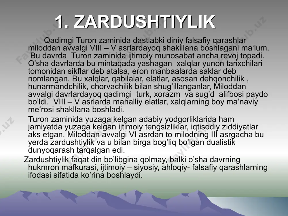 sto”da qayd etilgan eng muhim falsafiy fikrlardan biri insonlarni mehnat qilishga, o’z qo’llari bilan moddiy boyliklar yaratib to’q, farovon hayot kechirishga da‘vat etilganligidadir. zardushtiylikda inson chorvaning ko’payishiga, yaylovlarning gullab - yashnashiga yordam bergan taqdirda, tinmay mehnat qilishgandagina xudoning inoyatiga noil bo’ladi diyiladi. zardusht xudo axuramizdadan, yer yuzidagi eng yaxshi joy qaerda, deb so’raganida, u inson qaerdan o’ziga uy tiklab, oilasiga, podalariga o’rin ajratib bersa, yem – hashagi ko’p bo’lib, chorvasi va itlari to’q yashasa, uyida noz – ne‘matlar muhayyo bulib, xotini va farzandlari farovon yashasa, uyida e‘tiqodi sobit, olovi alangali, boshqa narsalari ham mo’l – ko’l bo’lsa, o’sha manzil, o’sha go’sha, ulug’dir, muhtaramdir deb javob beradi. “avesto” mehnat qilib, boylik yaratib, yangi joylarni obod qilib, quriq va bo’z yerlarni haydab, sug’orib o’zlashtirgan, sut, go’sht – yog’, don – duk, yetishtirib jamiyat taraqqiyotiga yo’l ochib bergan, farovonlikni ta‘minlagan, dehqonlar, chorvadorlar, ovuchlarni ulug’laydi. unda, masalan, yerga mehr qo’yib, mehnat qilish haqida aytilgan. …