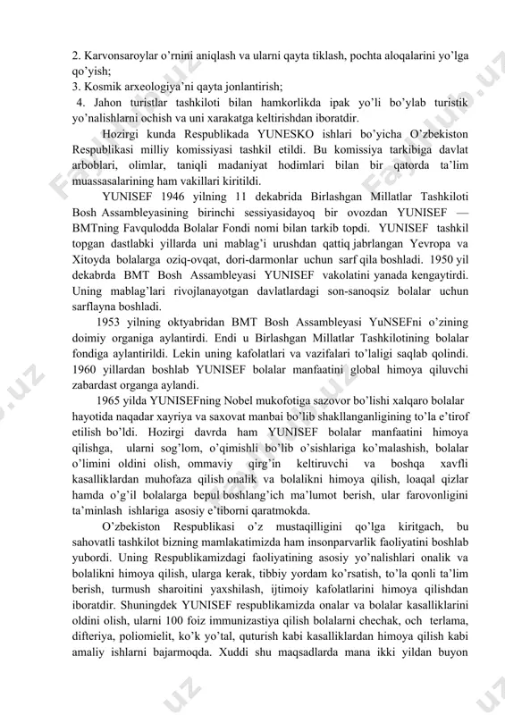 bobi muhammad tarag’ay ulug’bek tavalludining 600 yillik yubiley tantanalari bo’lib o’tdi. samarqand, buxoro, xiva shaharlarining butun jahon tarixiy obidalar shaharlari ro’yxatiga kiritish bo’yicha ham ko’pgina ishlar qilindi. yunesko markaziy osiyoda ommaviy axborot vositalarini rivojlantirish istiqbollarini o’rganish ishida ham katta amaliy yordam ko’rsatmoqda. bu ish shunisi bilan katta ahamiyatga molikki, butun markaziy osiyo respublikalari orol dengizining qurib borayotganligi munosabati bilan jiddiy ekologik tanglikka, sanoat chiqindilaridan atrof- muhitni ifloslanishi kabi muammolarga duch kelmoqdalar. yunesko ana shu muammolarni, boshqa xalqaro va hududiy hamjamiyat tashkilotlari bilan hamkorlikda bu bartaraf etish yo’lida ishlashga o’zining tayyor ekanligini izhor etdi. ma’lumki, birlashgan millatlar tashkiloti jahon madaniyati va ma’rifatini rivojlantirish un yilligini (1988- 1997) o’tkazishga qaror qilgan edi. yunesko ham shu doirada faoliyat ko’rsatib, bir paytlar jahon iqtisodiy, madaniy va ma’rifiy rivojlanishida muhim o’rin tutgan «buyuk ipak yo’li» ni kompleks o’rganish dasturini qabul qildi. bu dasturning maqsadi sharq bilan g’arb o’rtasidagi bu quruqlikdagi va dengizdagi savdo yo’lini salohiyatini …