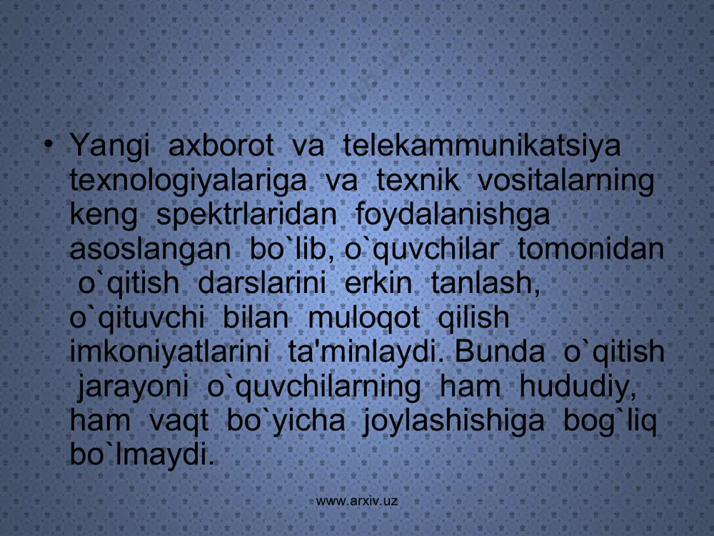 k vositalari ,o`quv kitoblari,o`quv qullanmalari va boshqa o`quv uslubiy matеriallarni oladi. o`quv ilmiy matеriallarning katta qismi tinglovchilarning uzoqdaligi sababli virtual-axborot-ta'lim muhitini tashkil etadi. www.arxiv.uz www.arxiv.uz www.arxiv.uz www.arxiv.uz www.arxiv.uz masofadan o’qitish shakli vositalari elеktron o`quv nashrlari o`rgatuvchi komptеr tizimlari audio-vidеo o`quv matеriallari va bir qancha boshqa vositalar www.arxiv.uz o`quv jarayoniga mo`ljallangan elеktron nashrlar,qogoz nashrlarning barcha xususiyatlariga ega bo`lish bilan birga bir qancha tomonlari va afzalliklari bor. xususan,komptеrning xotirasida yoki diskda kompakt holda saqlash,gipеrtеkst imkoniyatlari,ko`paytirish imkoniyati ,tеzkor tarzda o`zgarishlar va qo`shimchalar kiritish imkoniyatlari,elеktron pochtadan axborot jo`natish qulayliklari ,avtomatlashgan o`qitishtizimi bo`lib,o`z ichigao`qqish dasturi bo`yicha didaktik,uslubiy va axborot-ma'lumotlar matеriallarini hamda dasturiy ta'minotni oladi va ularni mustaqil bilim olishi va nazorat qilishida komplеks foydalanish imkonini bеradi. www.arxiv.uz www.arxiv.uz